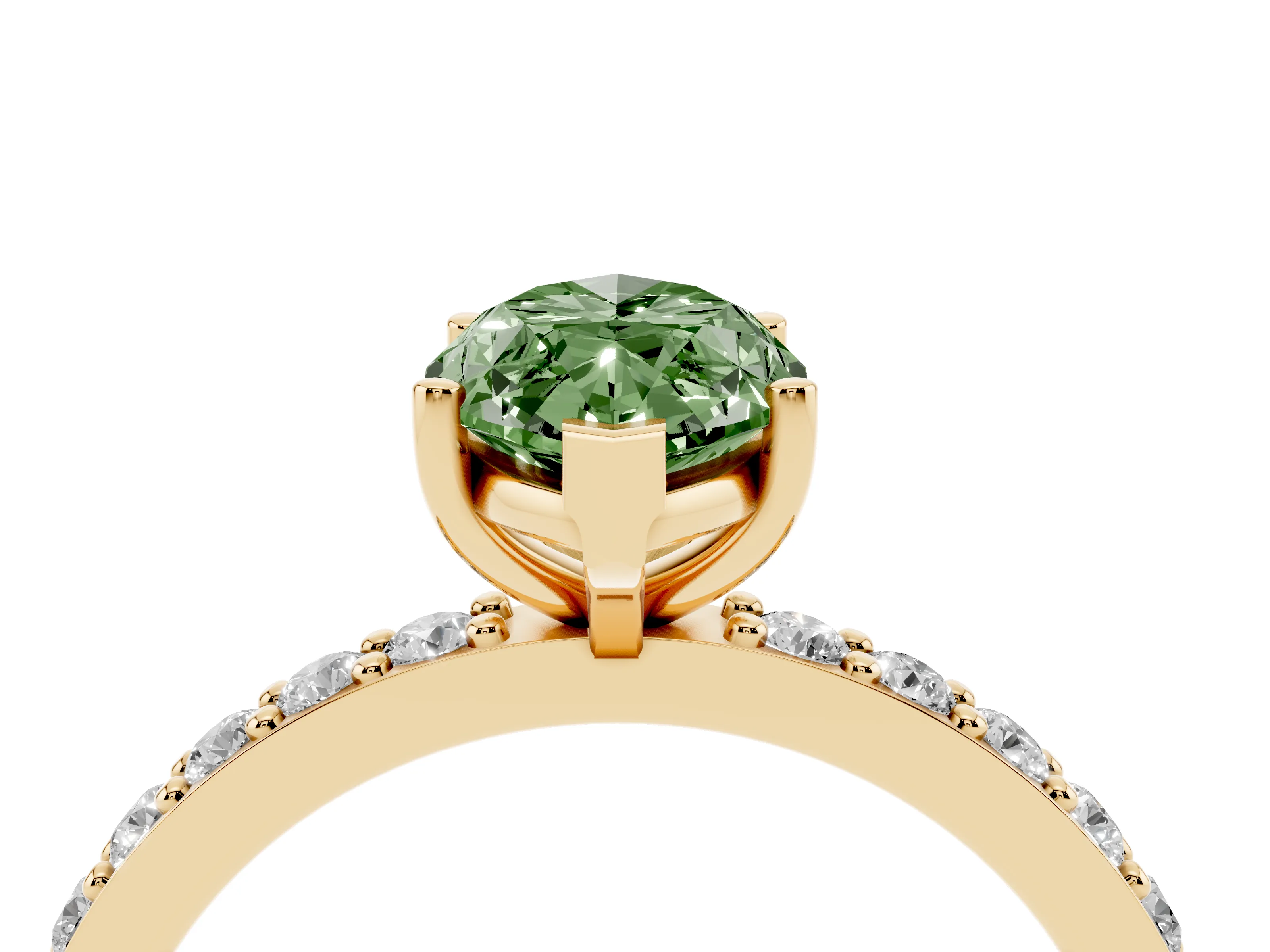 Fancy Green Marquise Cut Diamond Solitaire Set in Yellow gold with Round Pavé Band and Prong Setting