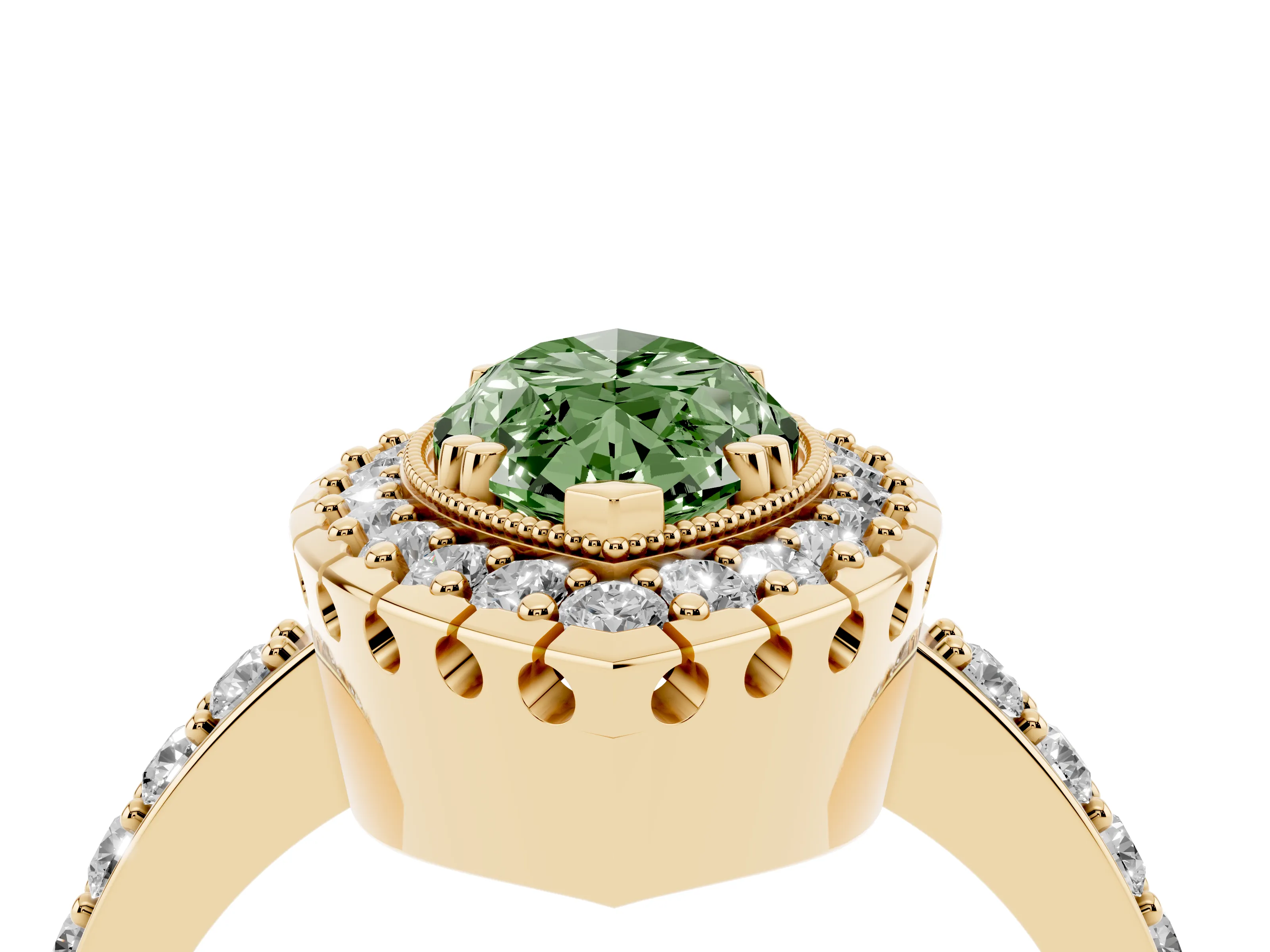 Fancy Green Marquise Cut Diamond Halo Ring Set in Yellow gold with Pavé Shank and Prong Setting