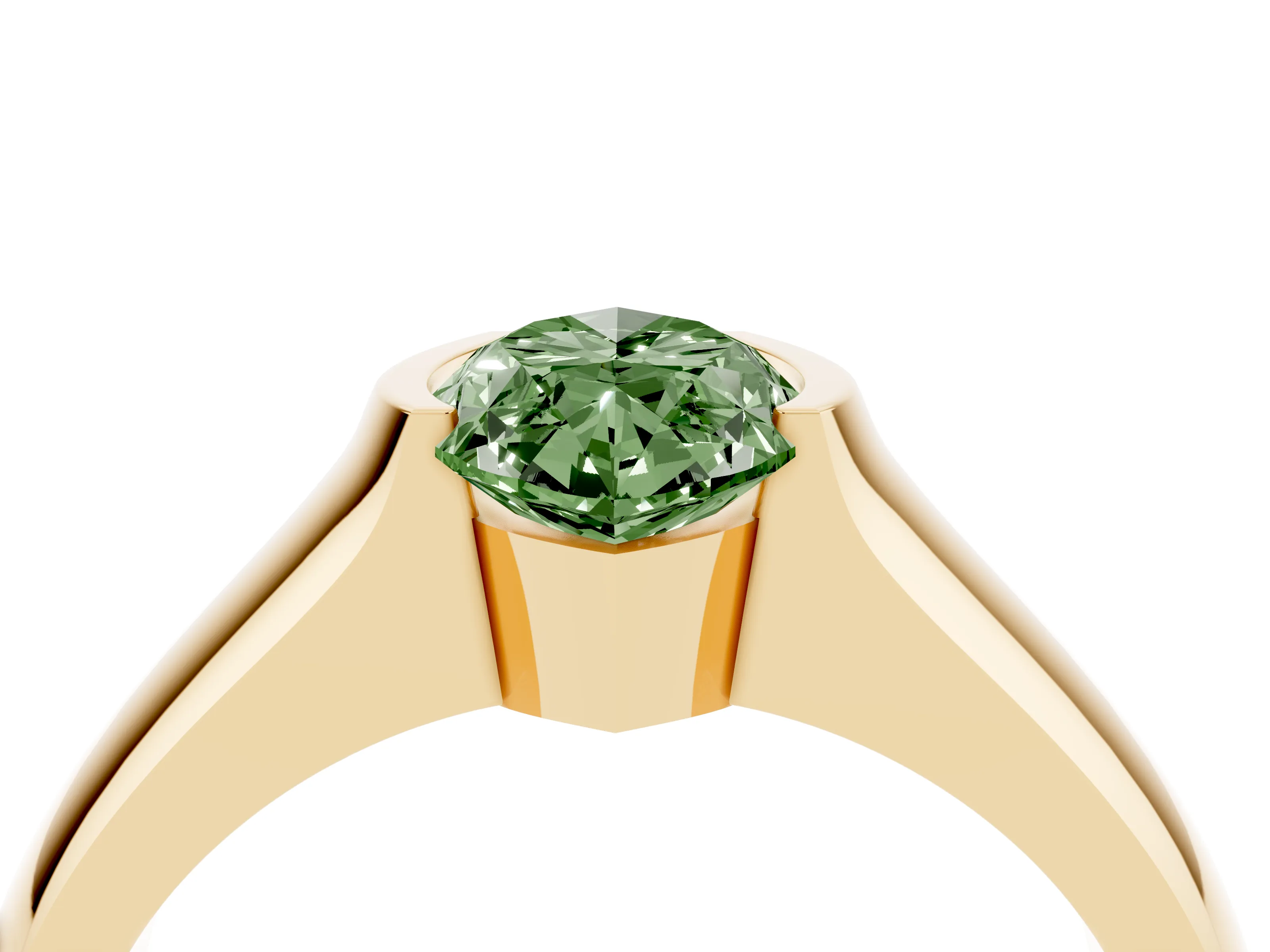 Fancy Green Marquise Cut Diamond Bezel Solitaire Ring Set in Yellow gold with Wide Band
