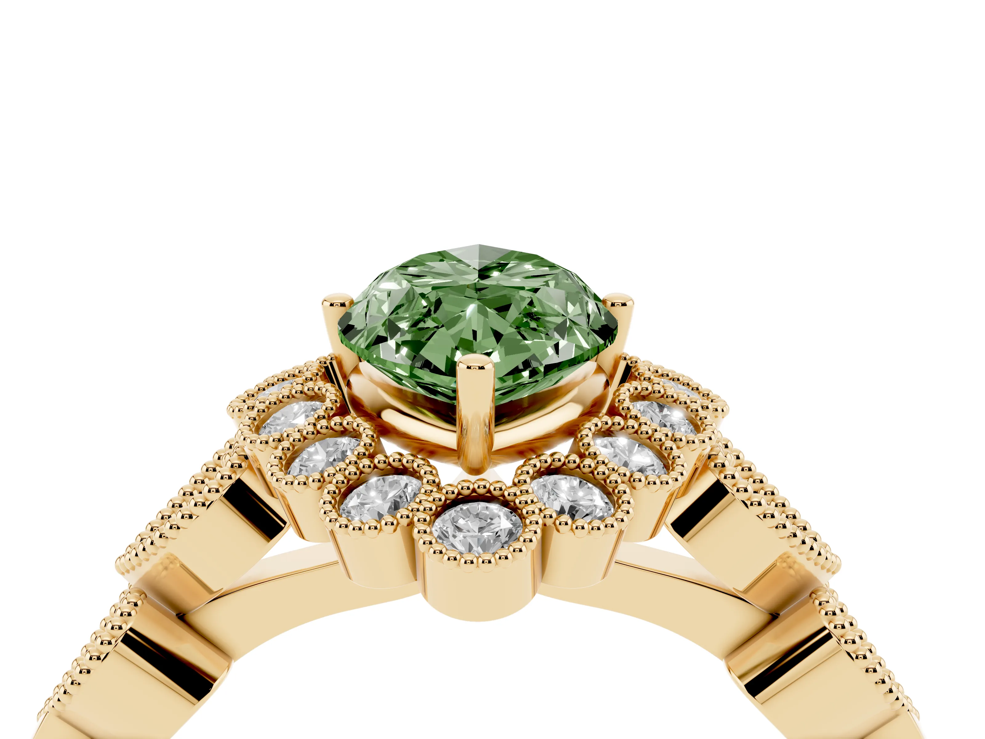 Fancy Green Marquise Cut Diamond Solitaire Ring Set in Yellow gold with Milgrain Pavé Heart Band