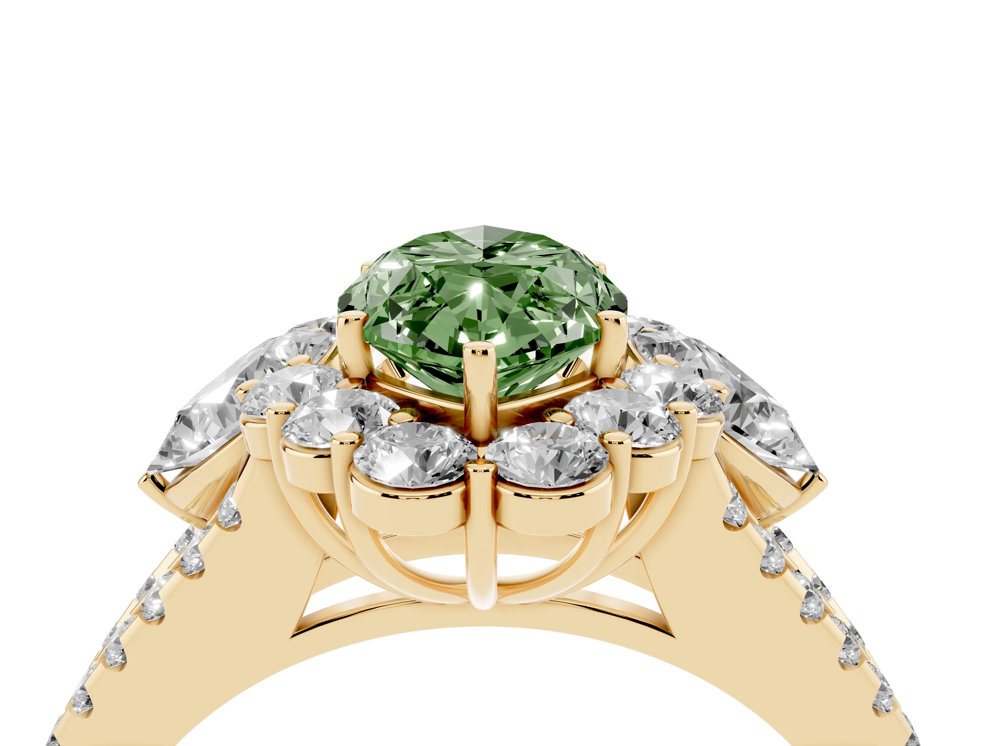 Fancy Green Marquise Cut Diamond Halo Split Shank Engagement Ring Set in Yellow gold with Prong-Held Center Stone