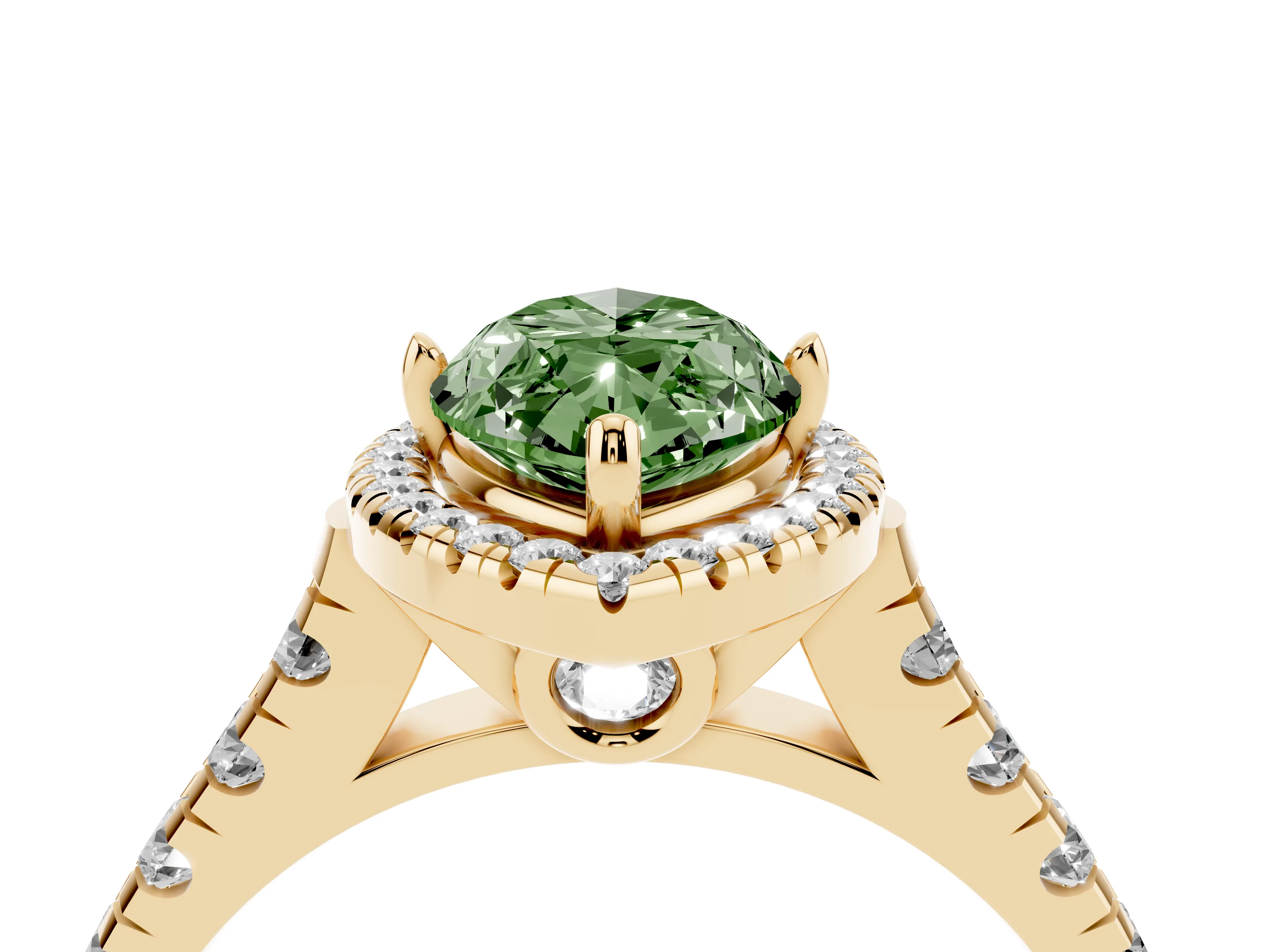 Fancy Green Marquise Cut Diamond Halo Engagement Ring Set in Yellow gold with Pavé Band and Prong-Set Center