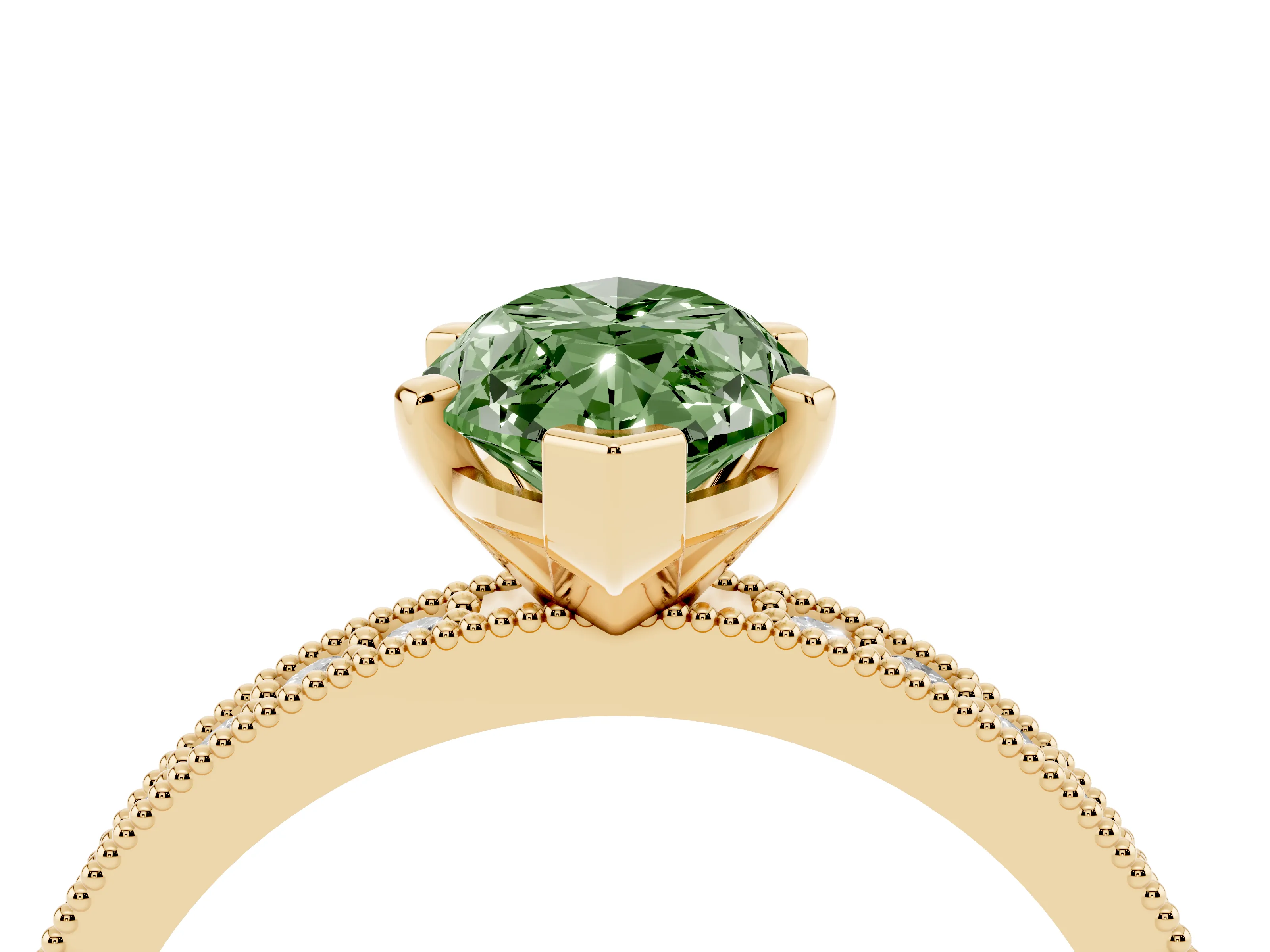Fancy Green Marquise Cut Diamond Milgrain Pavé Engagement Ring Set in Yellow gold with Prong Setting
