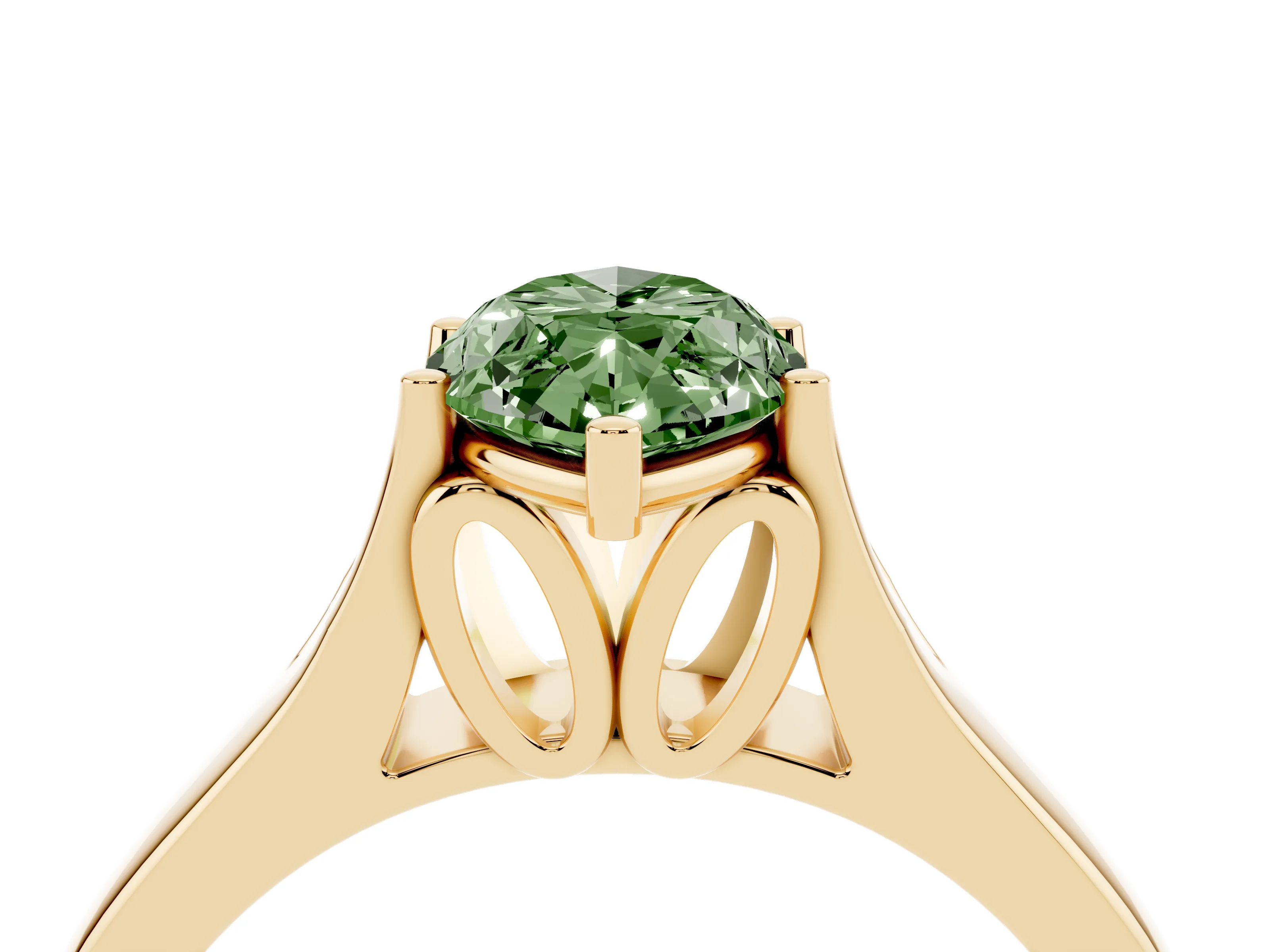 Fancy Green Marquise Cut Diamond Solitaire Ring Set in Yellow gold with Arched Cathedral Band and Prong Setting