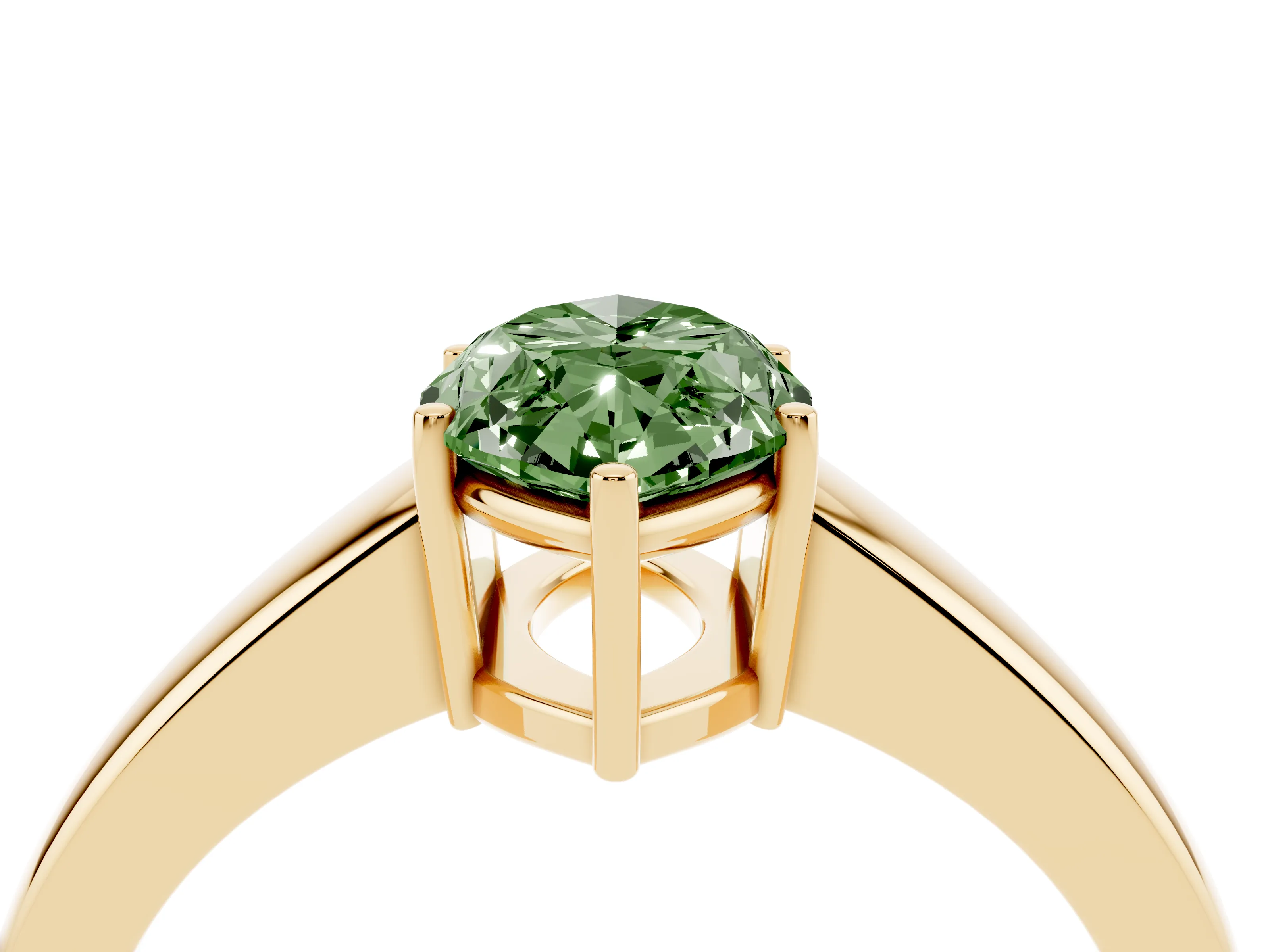 Fancy Green Marquise Cut Diamond Solitaire Ring Set in Yellow gold with Tapered Band and Prong Setting