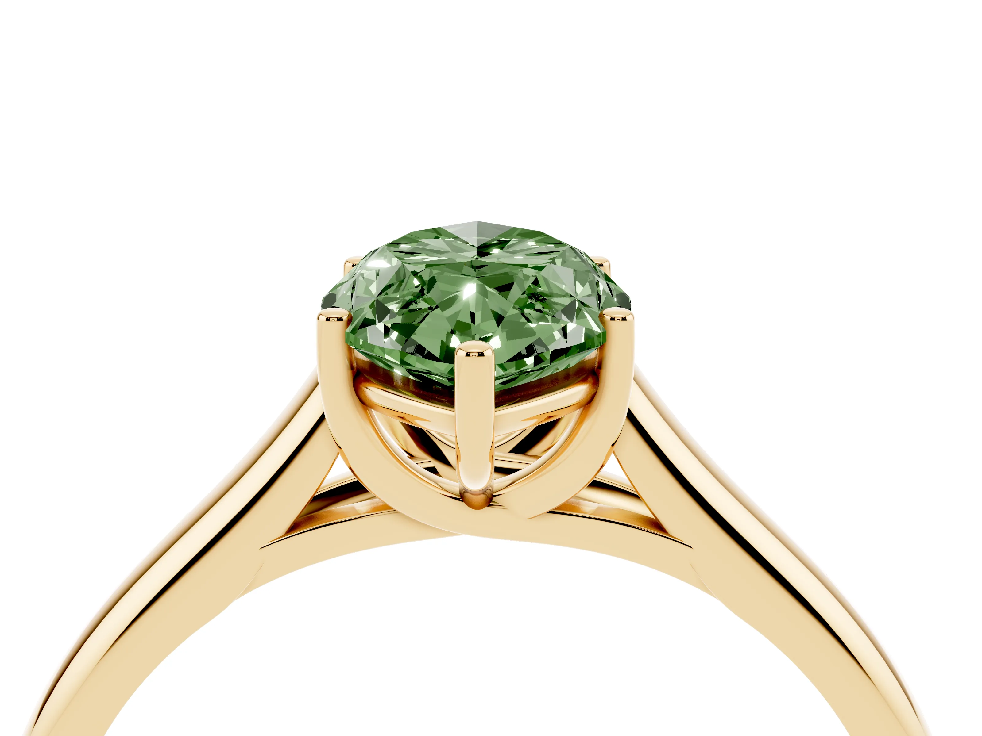 Fancy Green Marquise Cut Diamond Solitaire Engagement Ring Set in Yellow gold with Subtly Tapered Band and Prong Setting