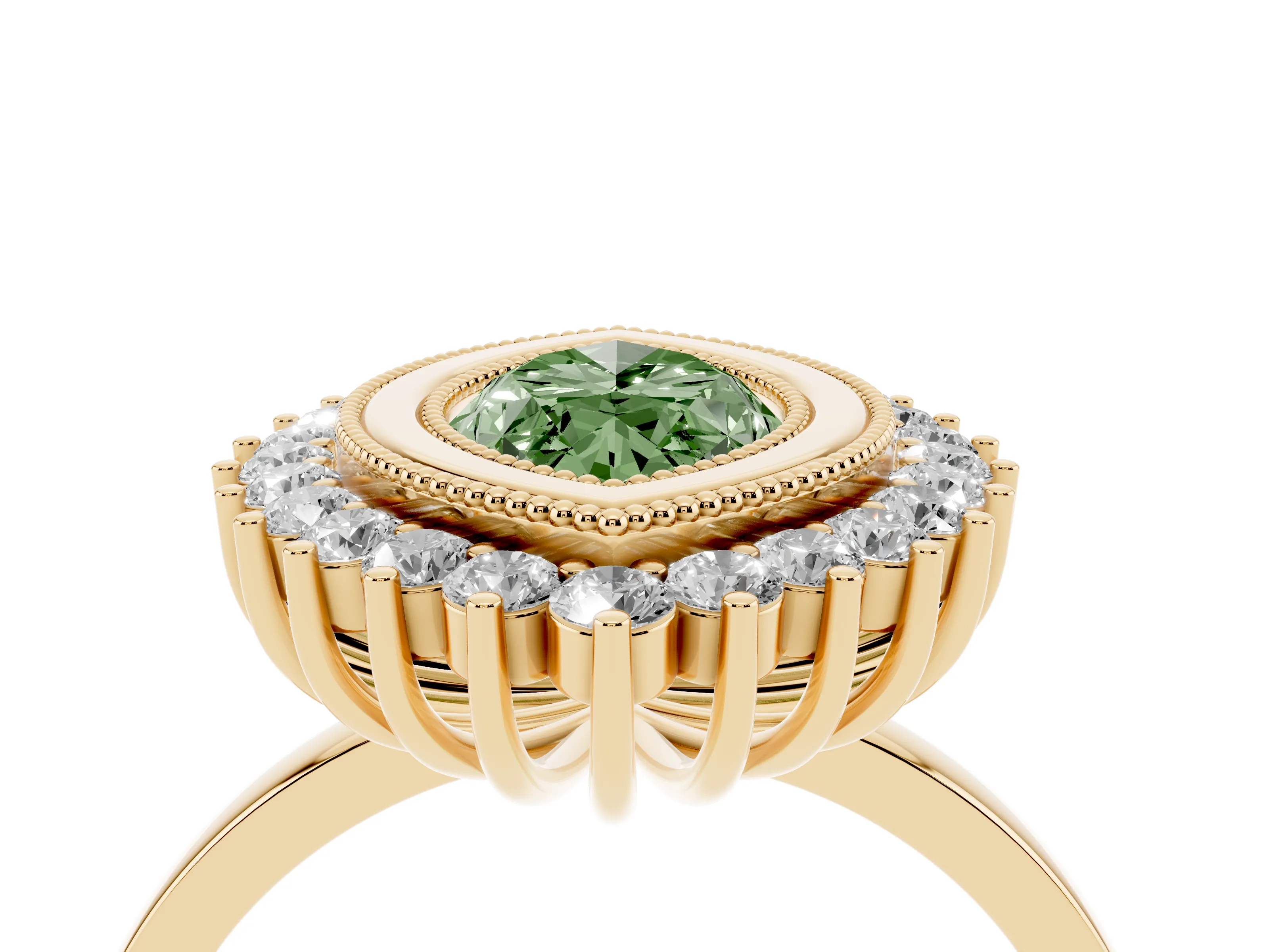 Fancy Green Marquise Cut Diamond Halo Ring Set in Yellow gold with Milgrain Edge and Round Prong Setting