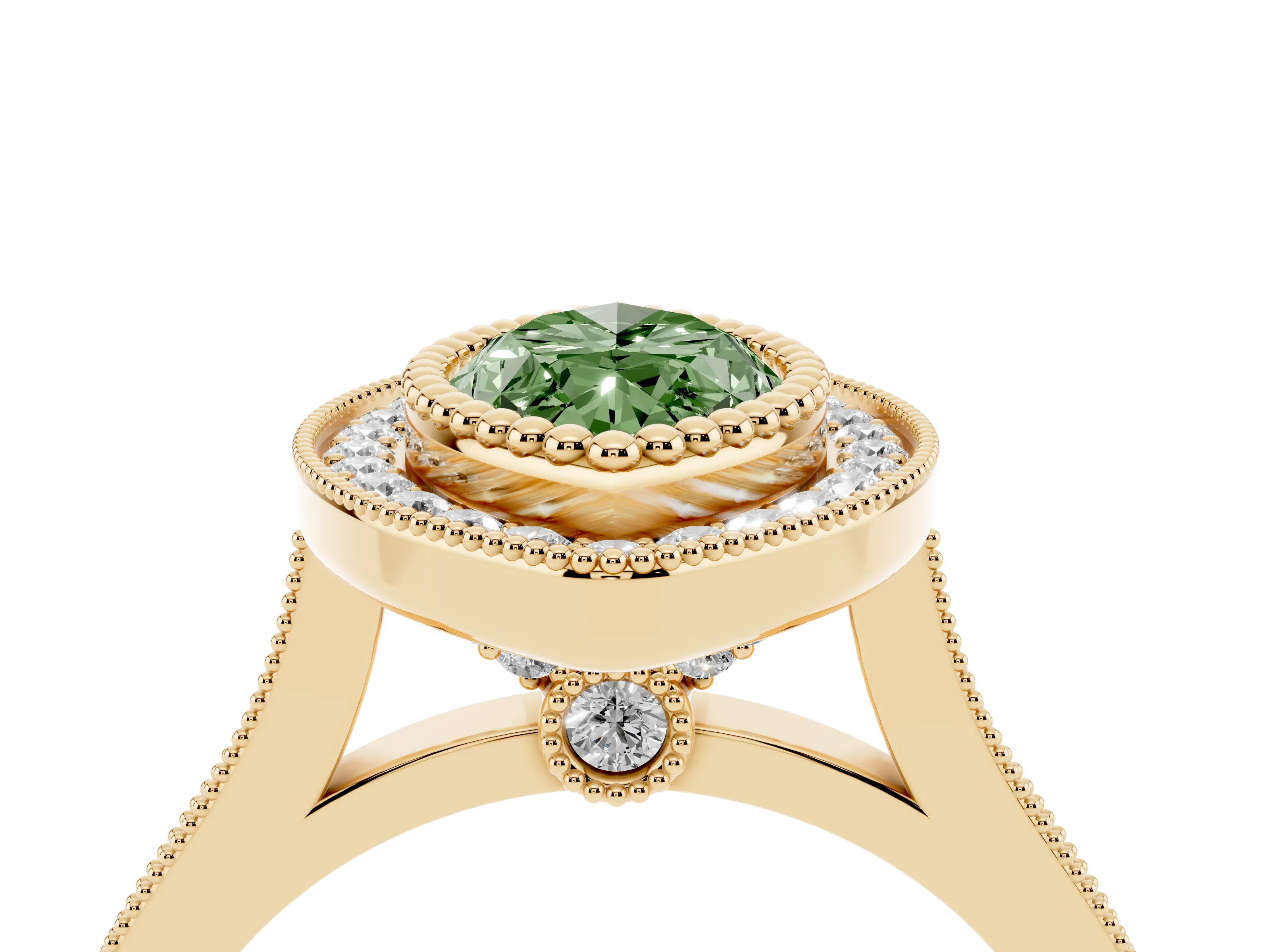 Fancy Green Marquise Cut Diamond Halo Ring Set in Yellow gold with Milgrain Frame and Pavé Band