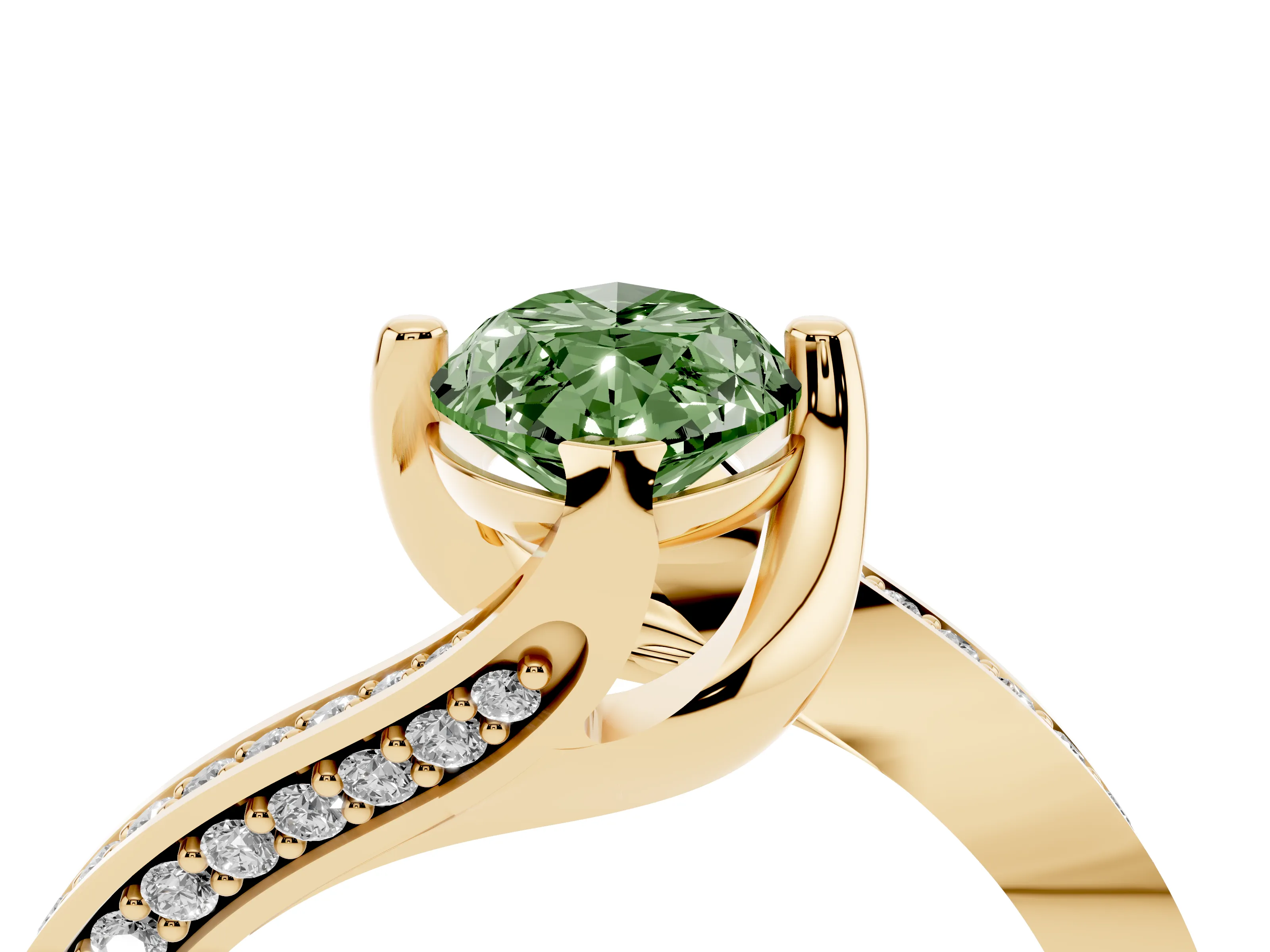 Fancy Green Marquise Cut Diamond Solitaire Ring Set in Yellow gold with Intertwined Pavé Twist Band