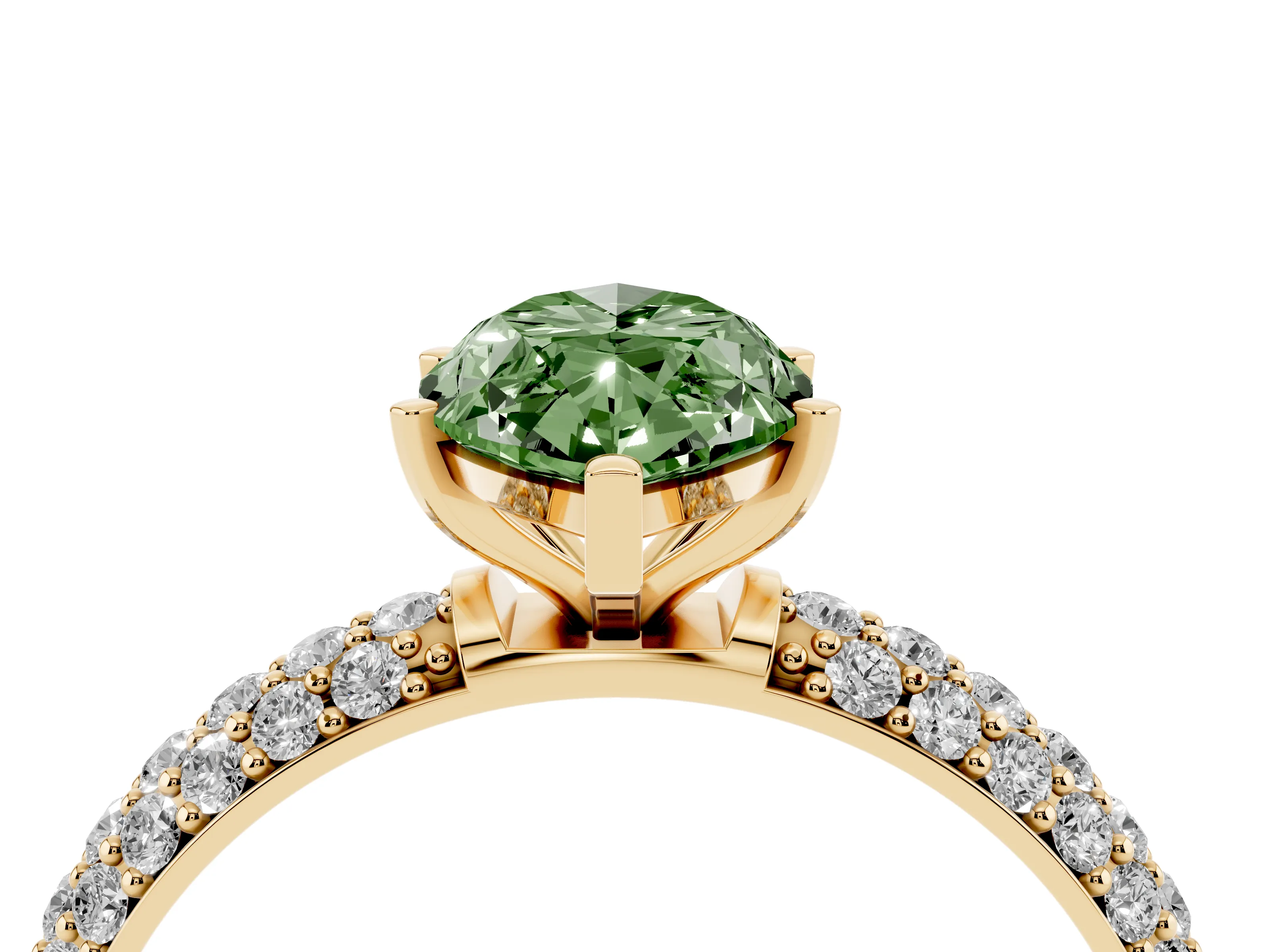 Fancy Green Marquise Cut Diamond Solitaire Ring Set in Yellow gold with Prong Setting and Pavé-Set Band