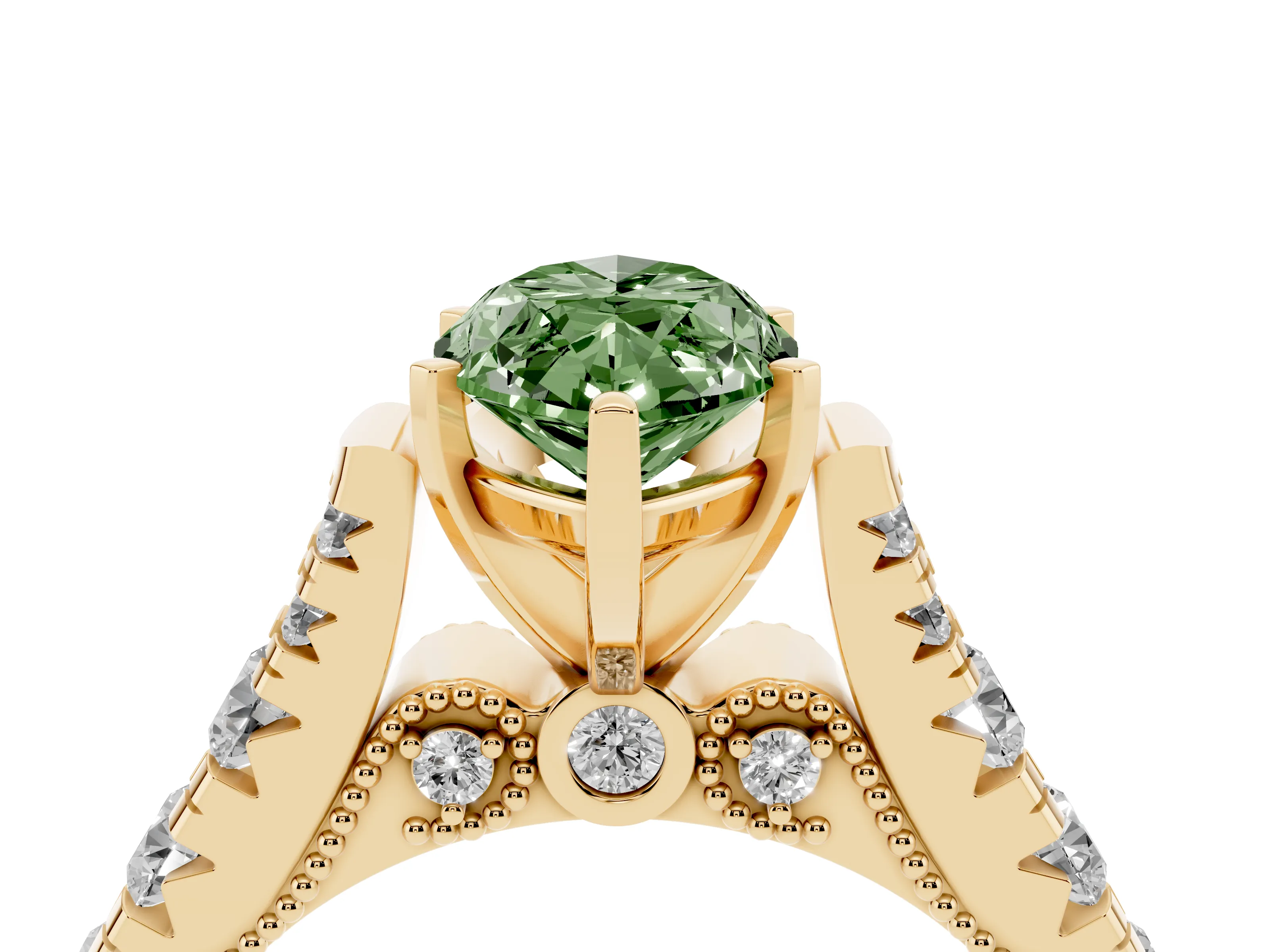 Fancy Green Marquise Cut Diamond Classic Solitaire Ring Set in Yellow gold with Pavé Band and Prong Setting