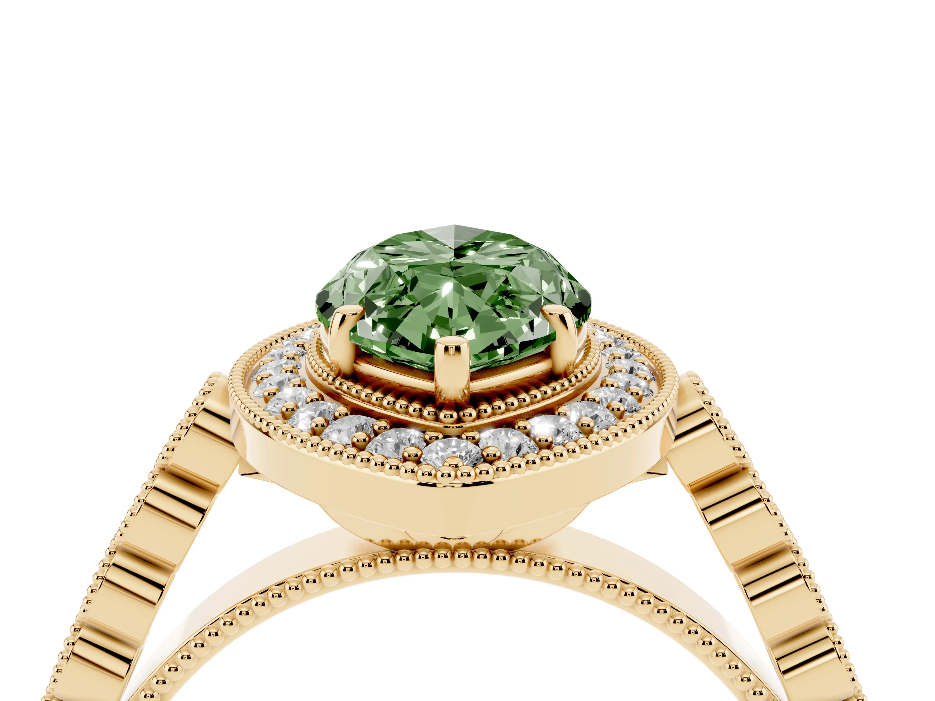 Fancy Green Marquise Cut Diamond Milgrain Halo Solitaire Ring Set in Yellow gold with Bezel Set Side Stones and Pavé Band