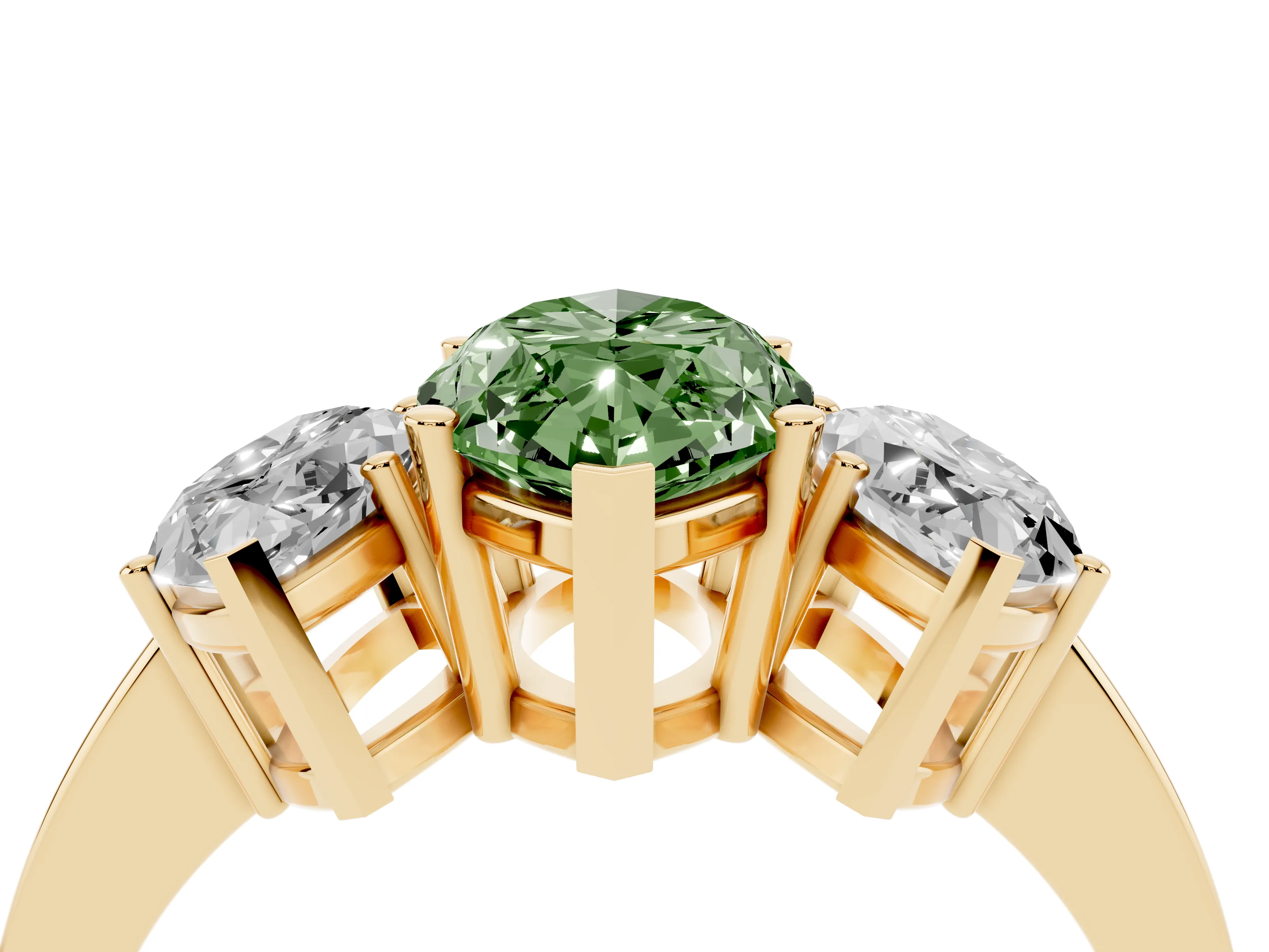 Fancy Green Marquise Cut Diamond Three-Stone Engagement Ring Set in Yellow gold with Flat Band