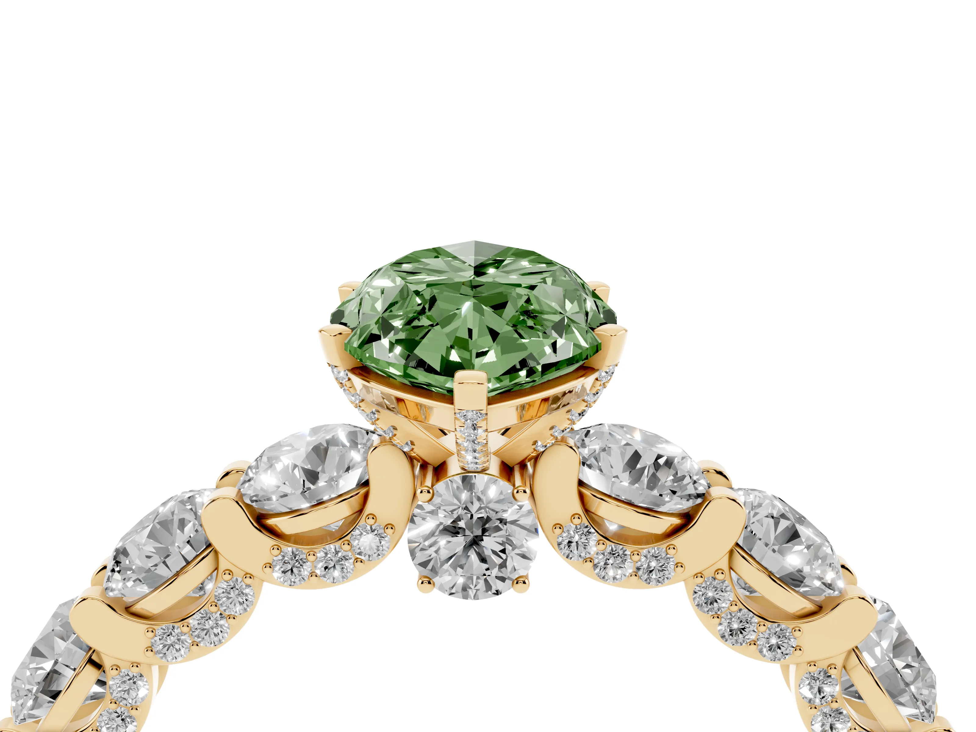 Fancy Green Marquise Cut Diamond Side Stone Ring Set in Yellow gold with Alternating Round and Oval Side Stones
