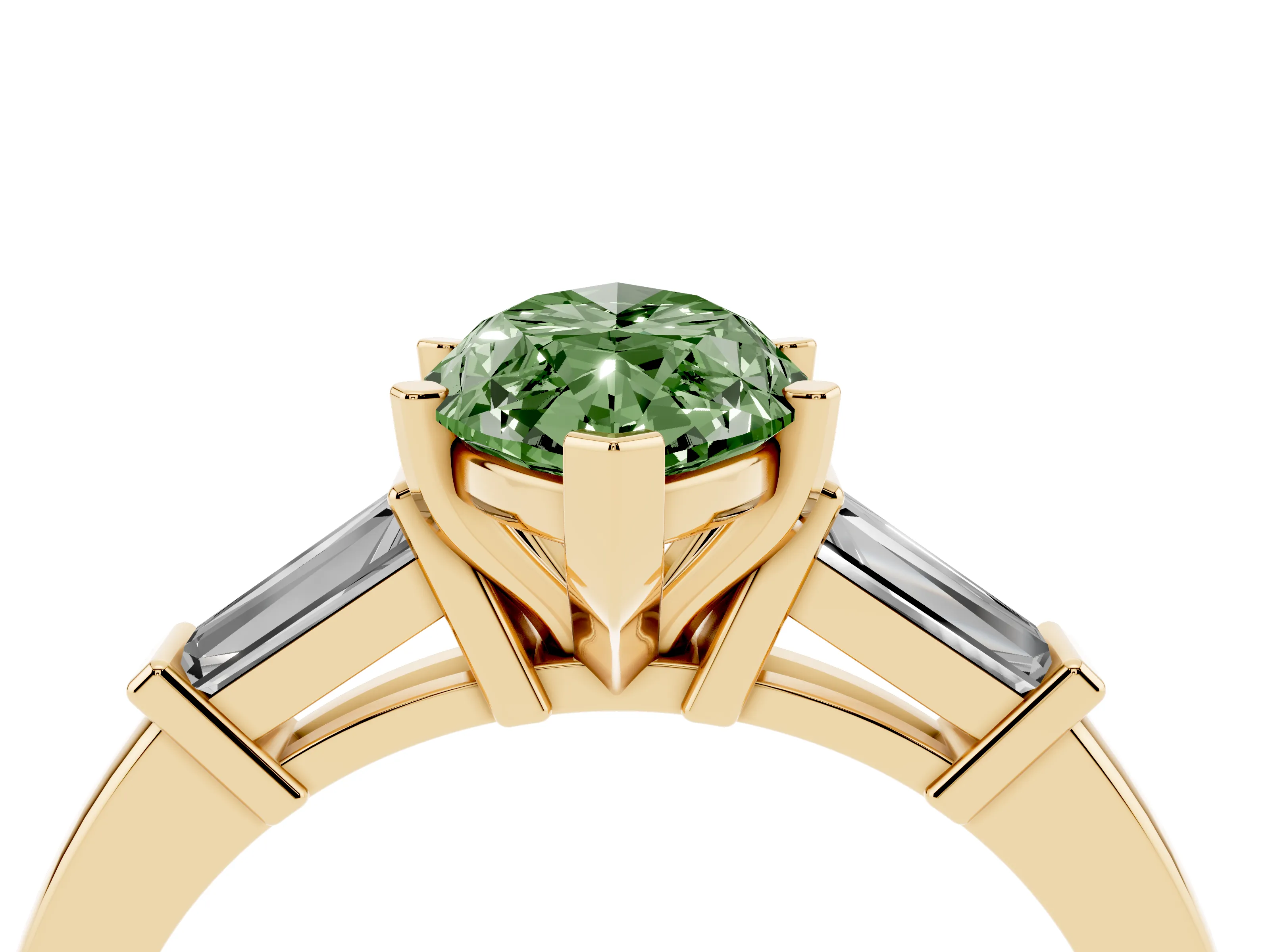 Fancy Green Marquise Cut Diamond Solitaire Ring Set in Yellow gold with Tapered Baguette Accents and Prong Setting