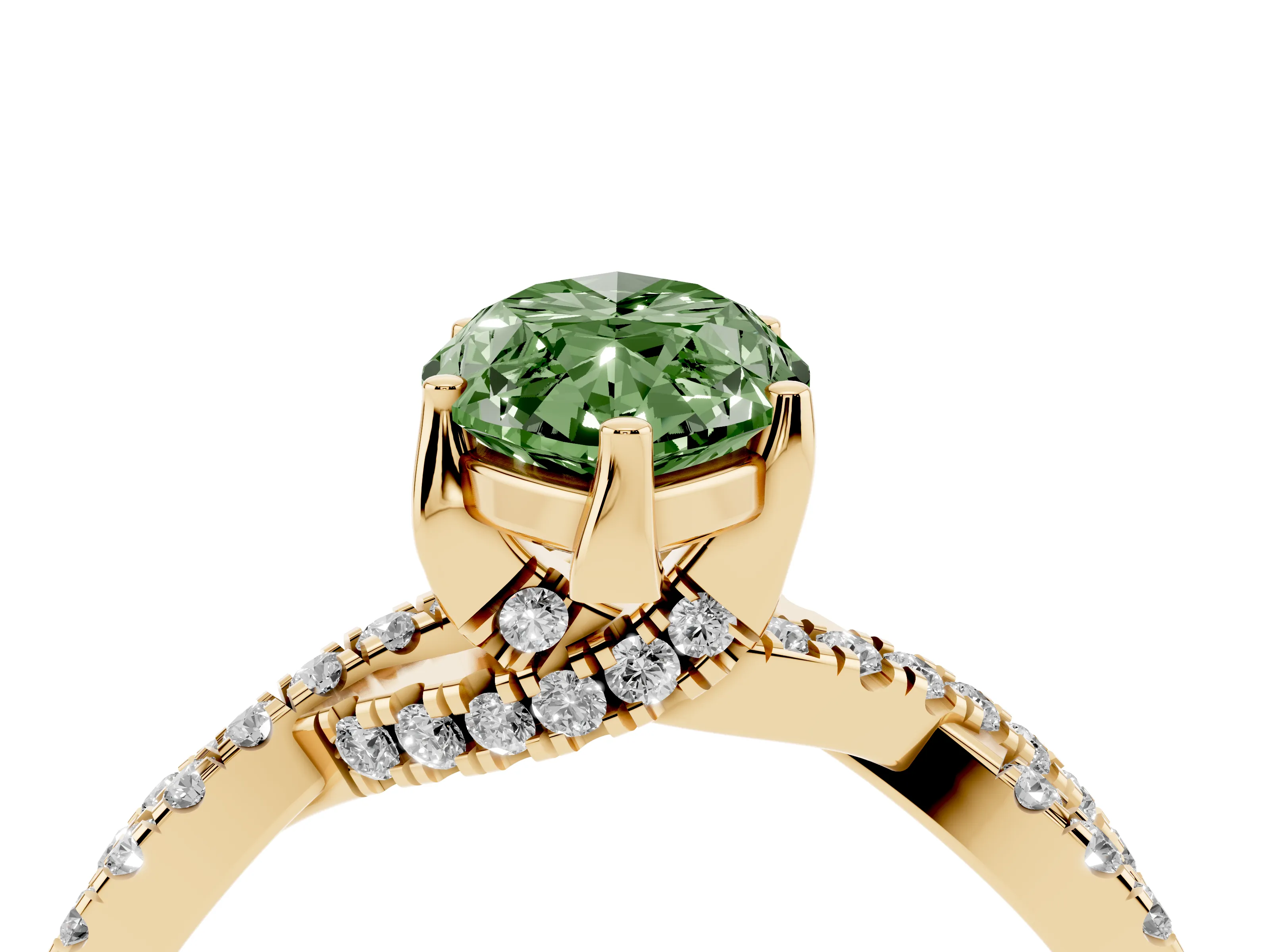 Fancy Green Marquise Cut Diamond Twist Pavé Solitaire Engagement Ring Set in Yellow gold with Prong Setting