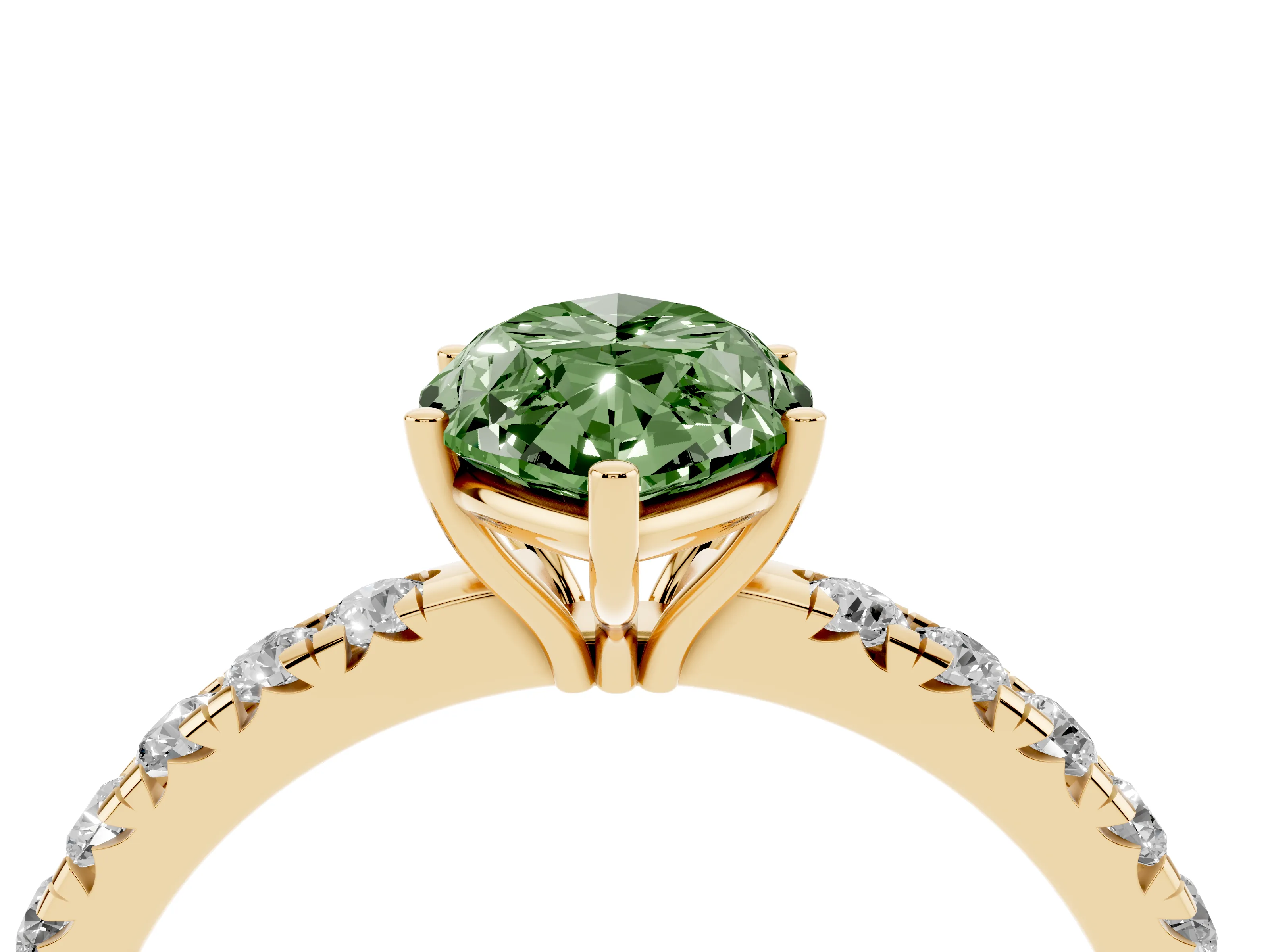 Fancy Green Marquise Cut Diamond Pavé Solitaire Engagement Ring Set in Yellow gold with Prong Setting