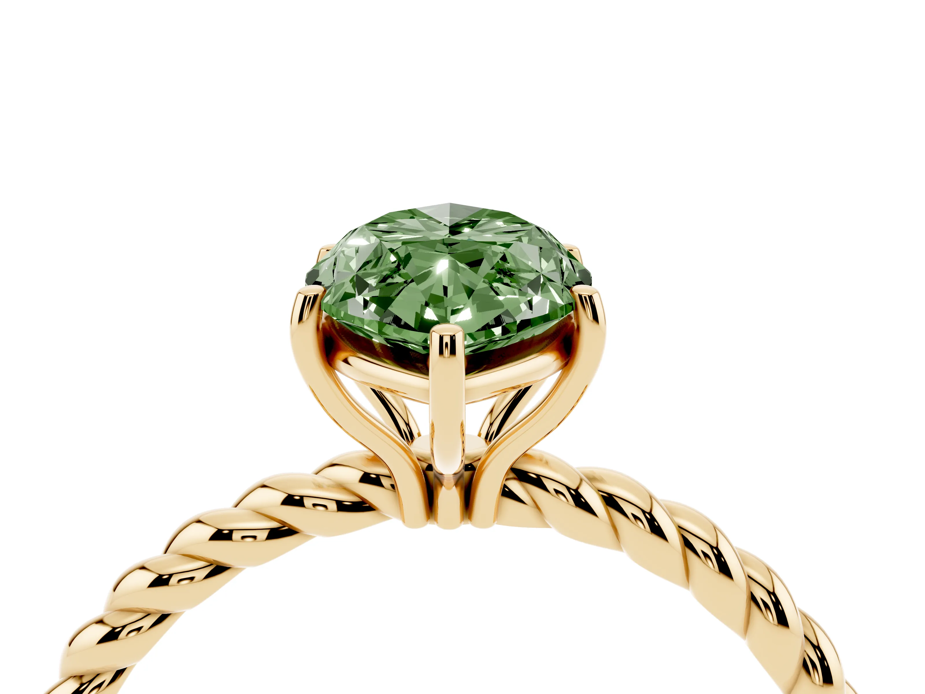 Fancy Green Marquise Cut Diamond Solitaire Ring Set in Yellow gold with Twist Band and Prong Setting