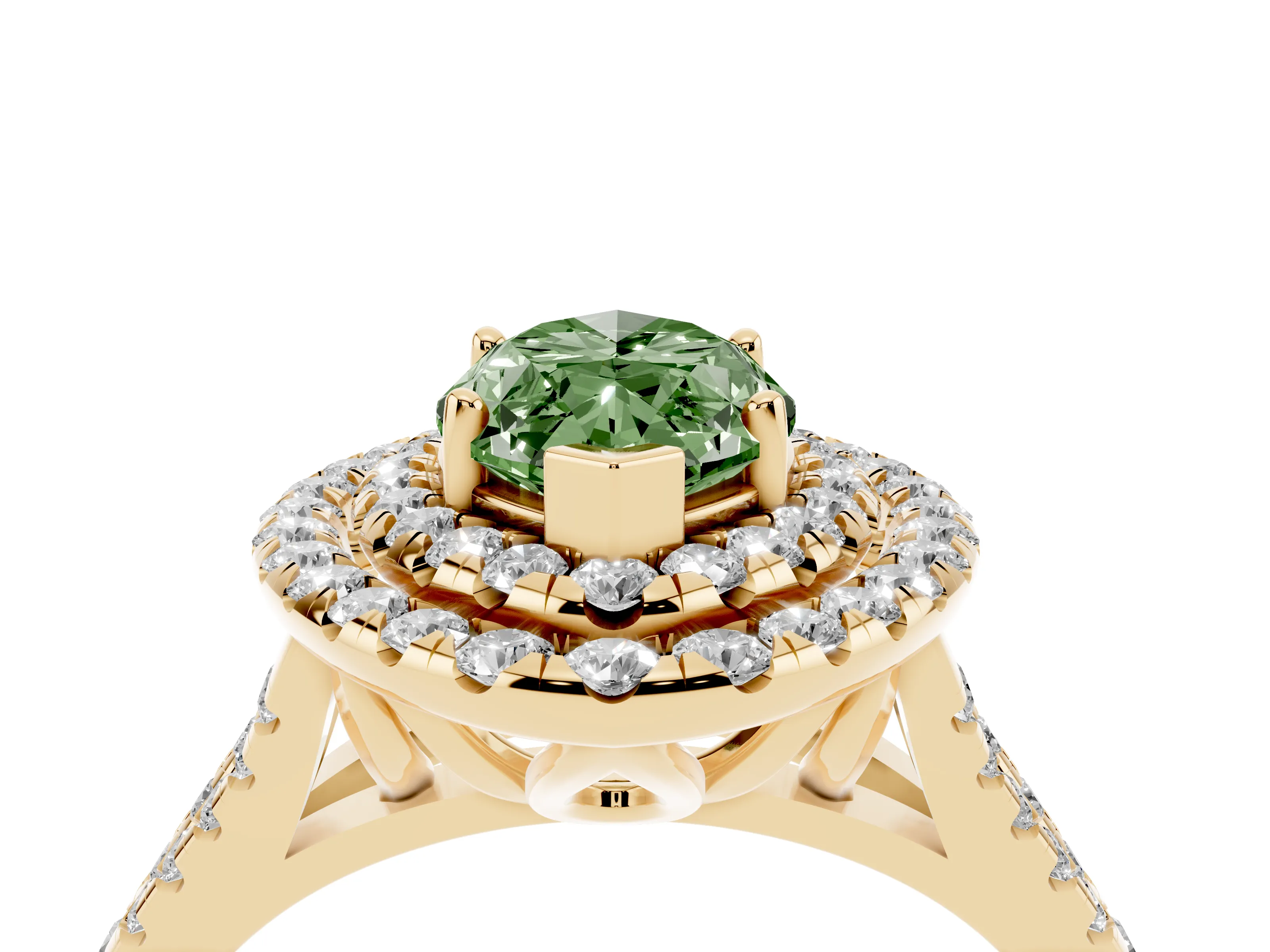 Fancy Green Marquise Cut Diamond Double Halo Ring Set in Yellow gold with Pavé Split Shank and Prong Setting