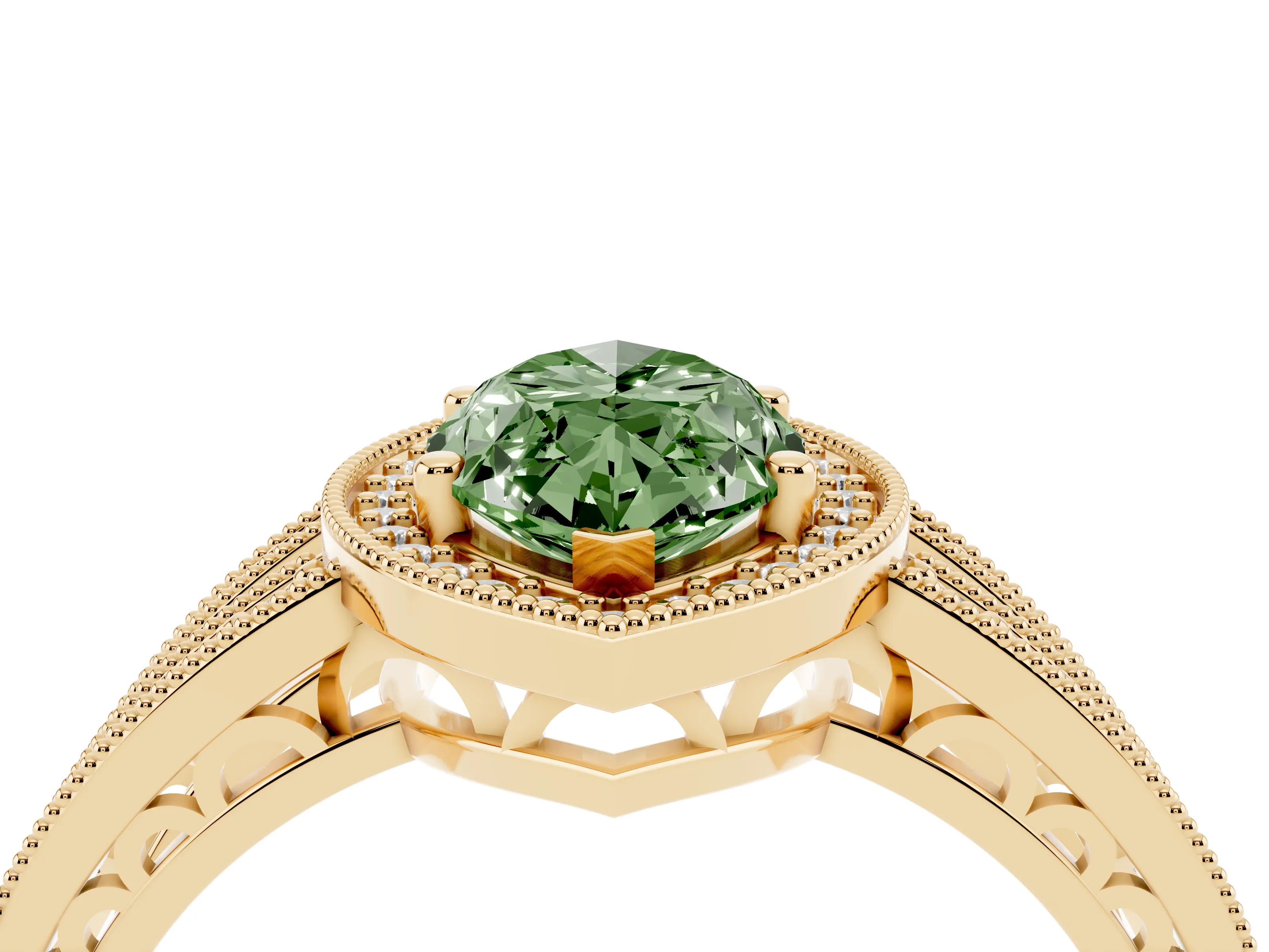 Fancy Green Marquise Cut Diamond Halo Ring Set in Yellow gold with Accent Split Shank and Prong Setting