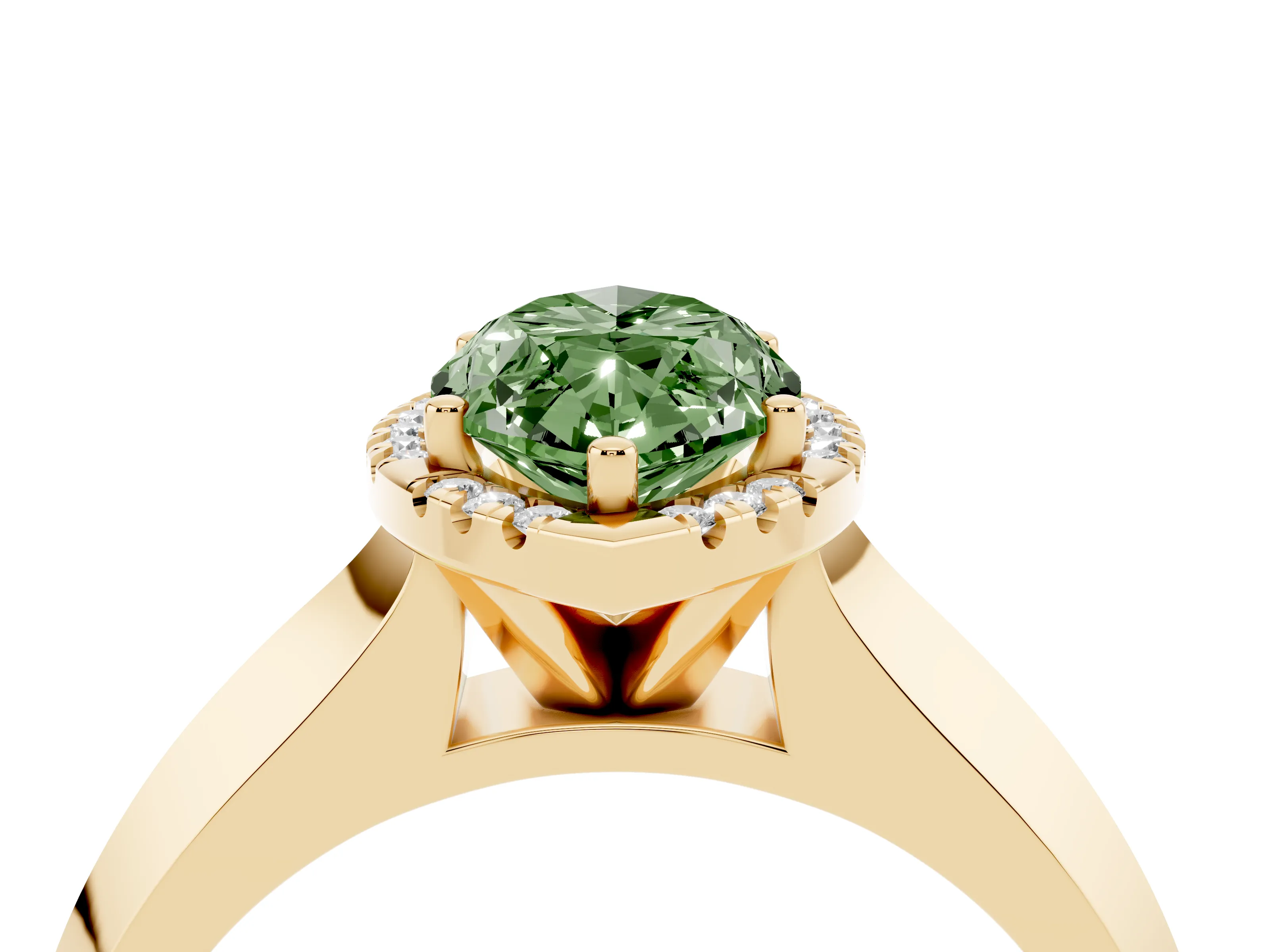 Fancy Green Marquise Cut Diamond Halo Ring Set in Yellow gold with Cathedral Band and Prong Setting
