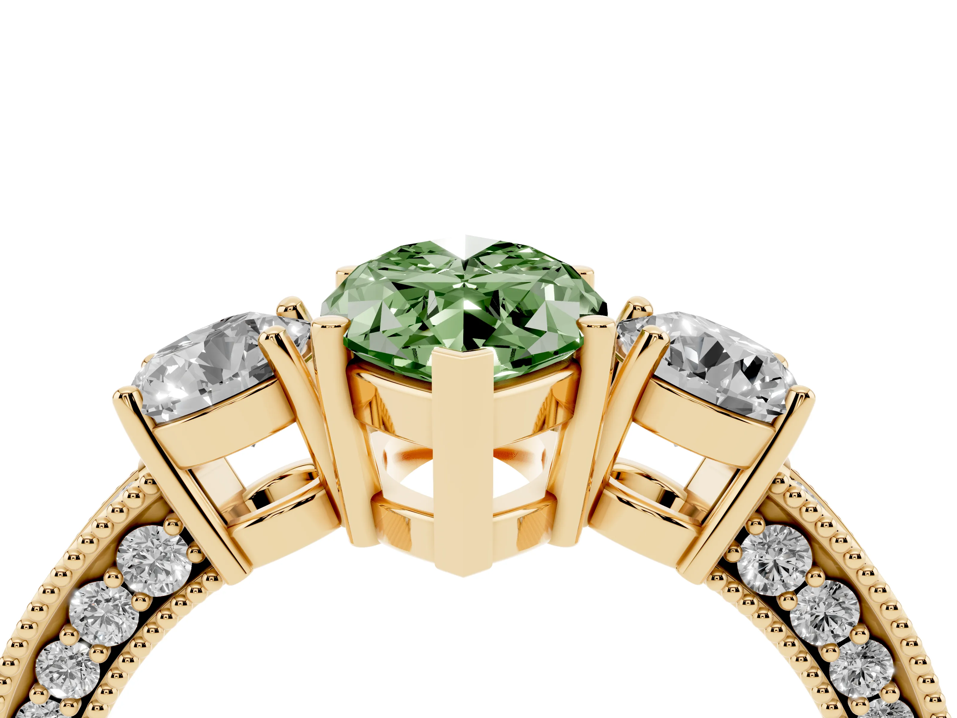 Fancy Green Marquise Cut Diamond Three-Stone Ring Set in Yellow gold with Round Side Stones and Pavé Band