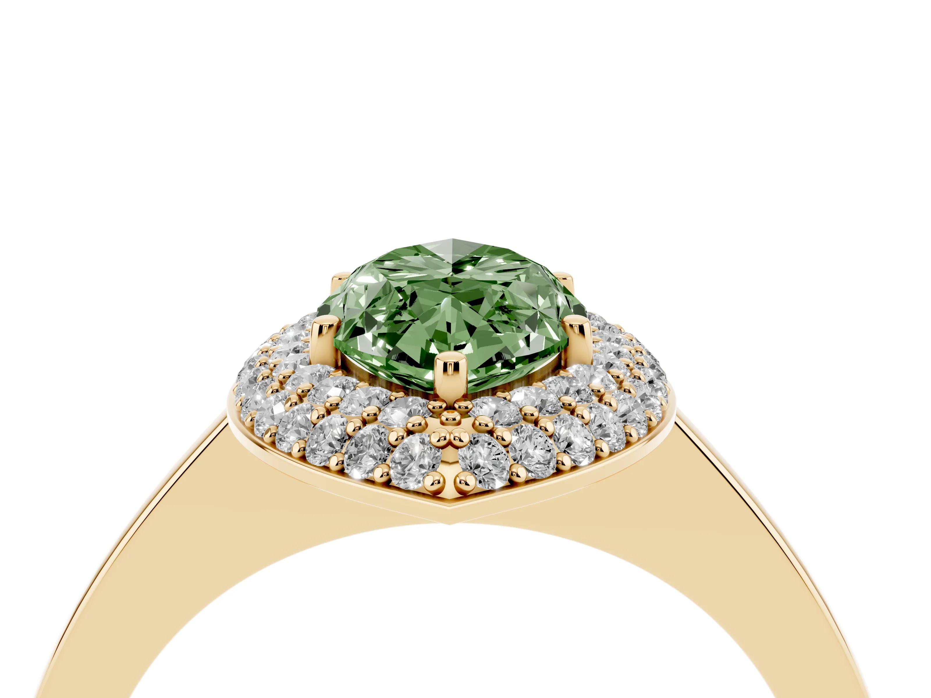 Fancy Green Marquise Cut Diamond Halo Engagement Ring Set in Yellow gold with Solitaire Band and Prong Setting