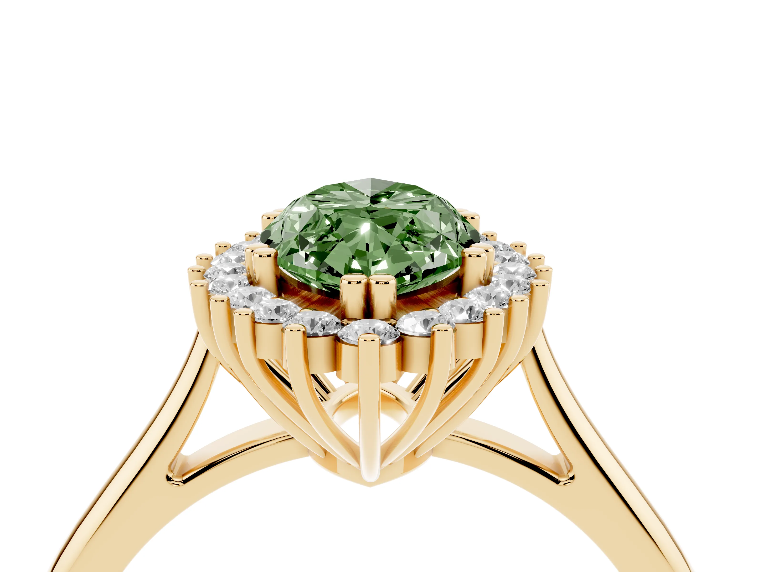 Fancy Green Marquise Cut Diamond Halo Ring Set in Yellow gold with Plain Solitaire Band and Prong Setting