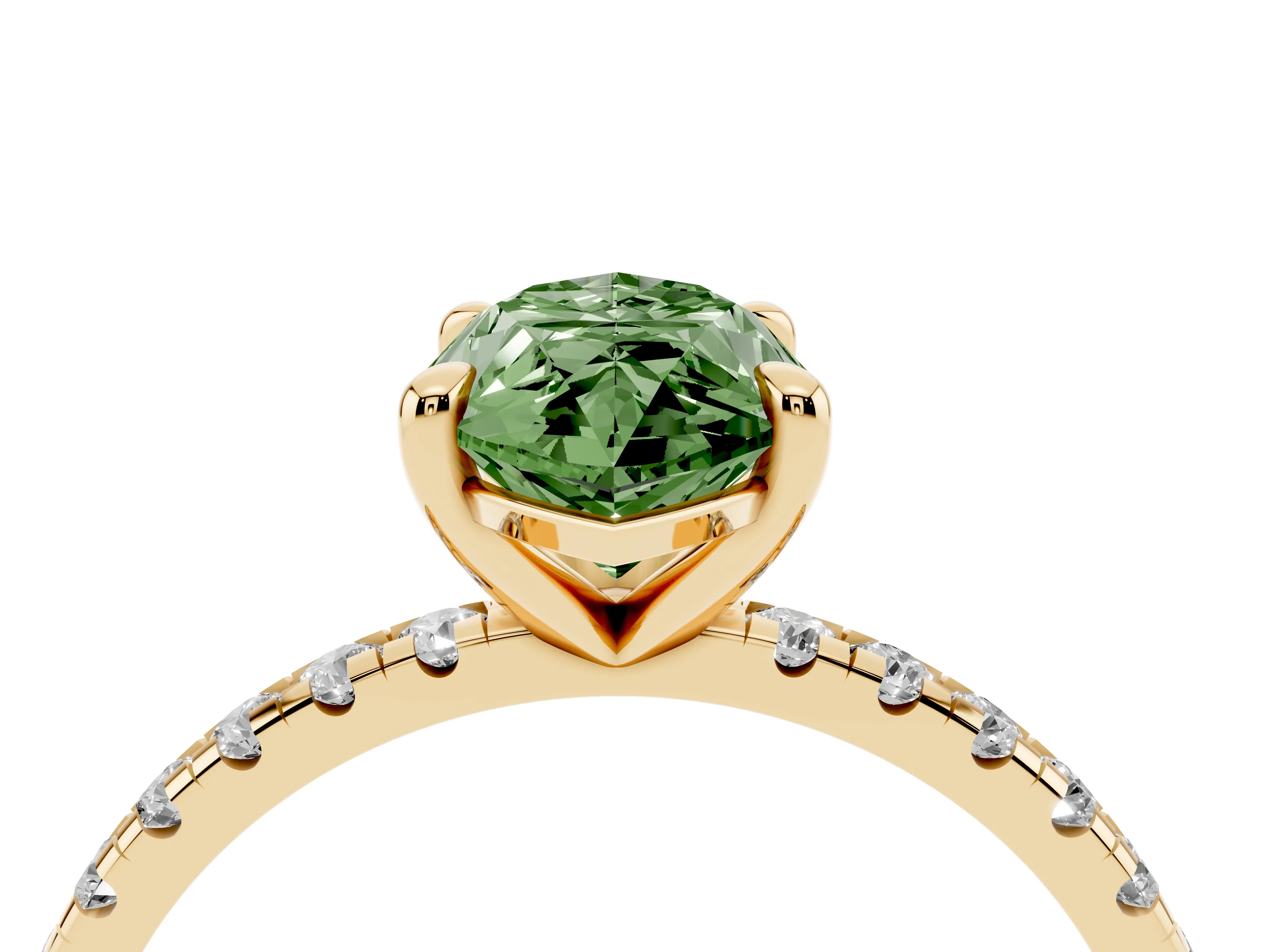 Fancy Green Marquise Cut Diamond Brilliant Solitaire Ring Set in Yellow gold with Pavé Band and Prong Setting
