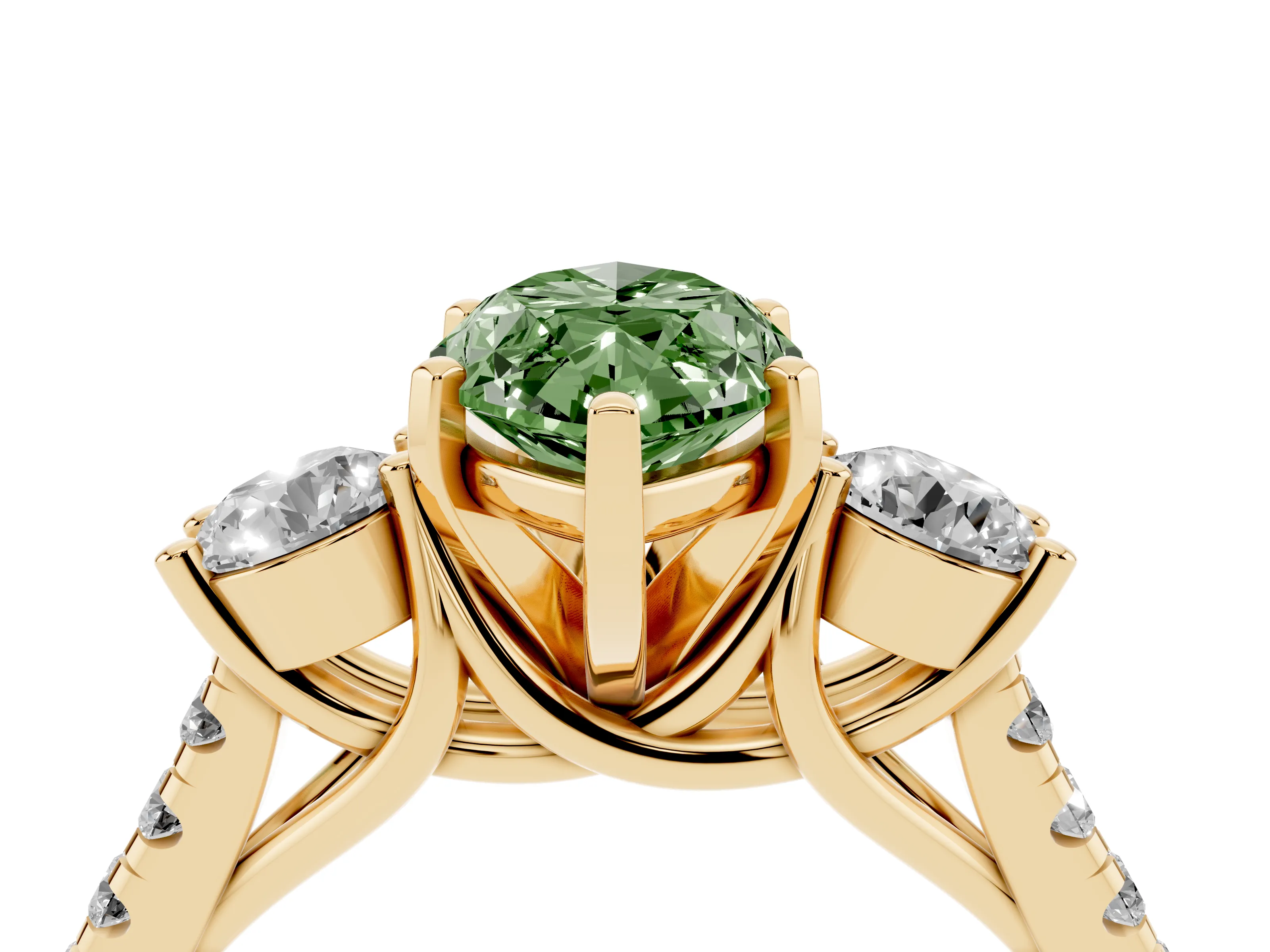 Fancy Green Three-Stone Marquise Cut Diamond Pavé Band Ring Set in Yellow gold with Prong-Set Trio