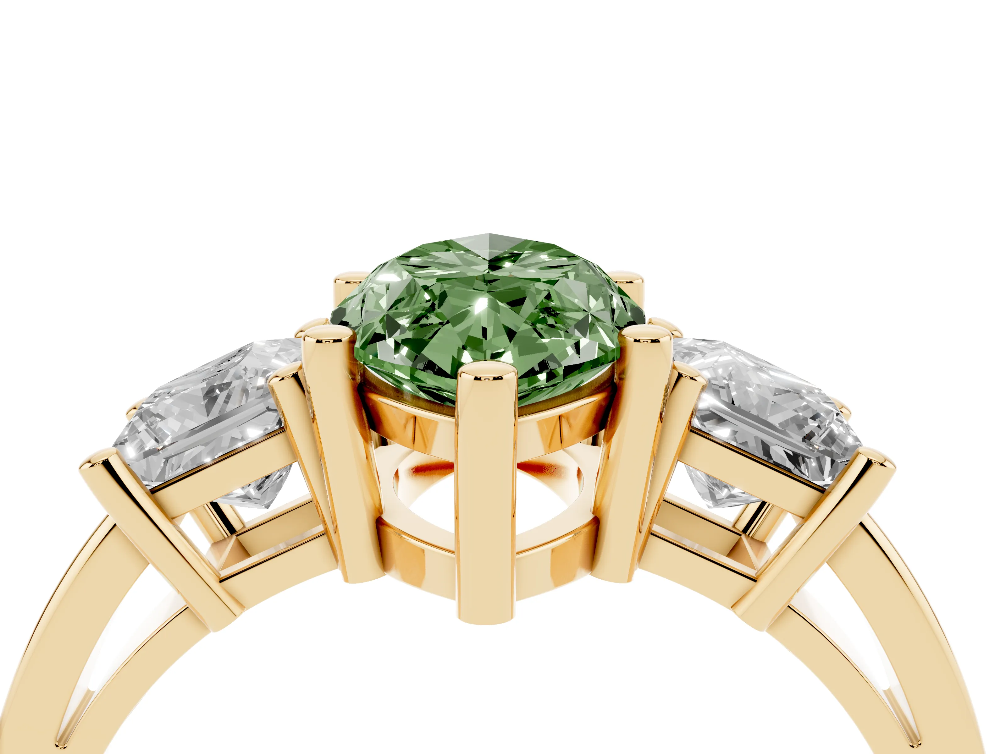 Fancy Green Three-Stone Marquise Cut Diamond Solitaire Ring Set in Yellow gold with Prong Setting