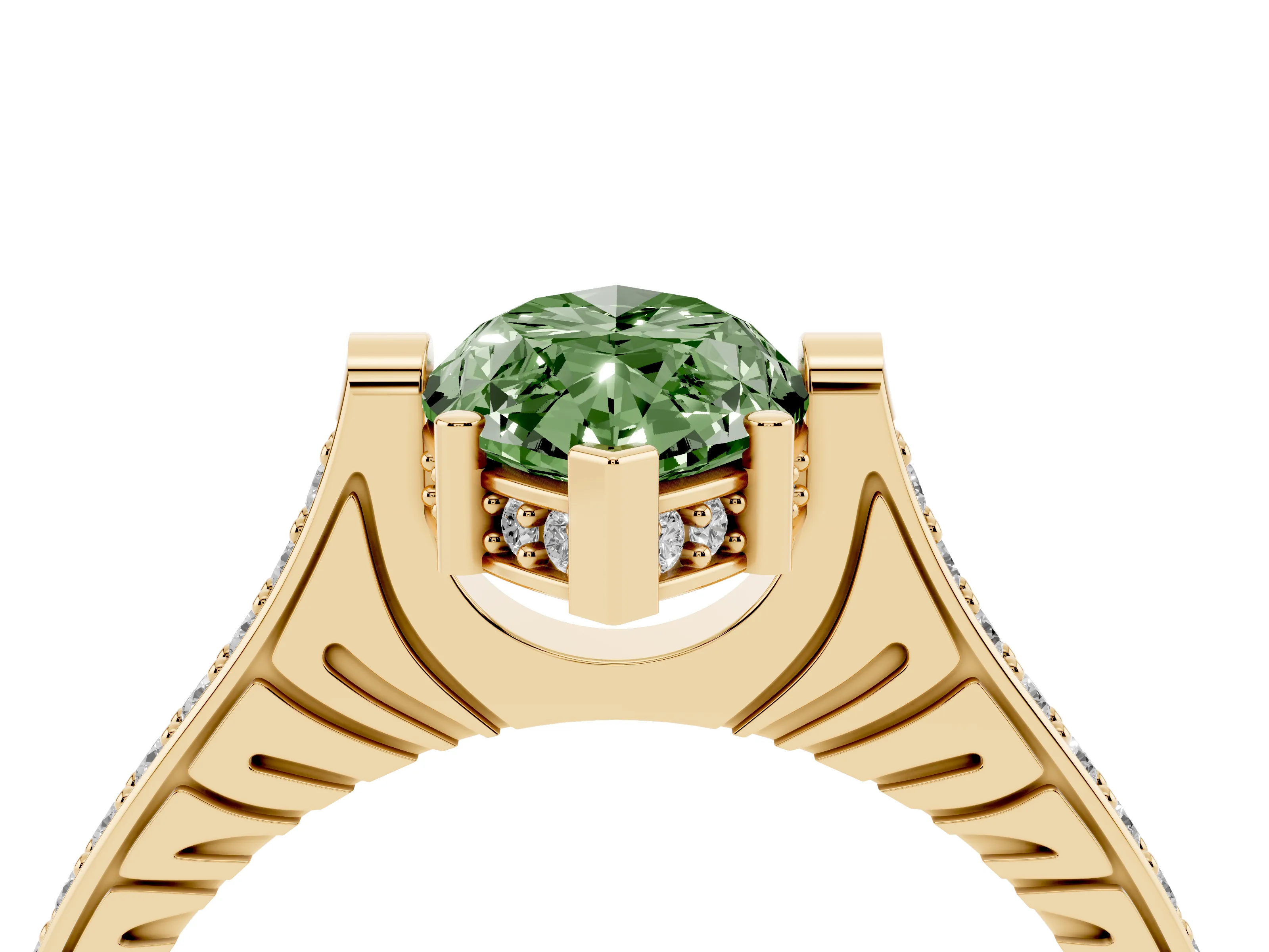 Fancy Green Marquise Cut Diamond Solitaire Ring Set in Yellow gold with Channel Set Band and Bezel Prong Setting