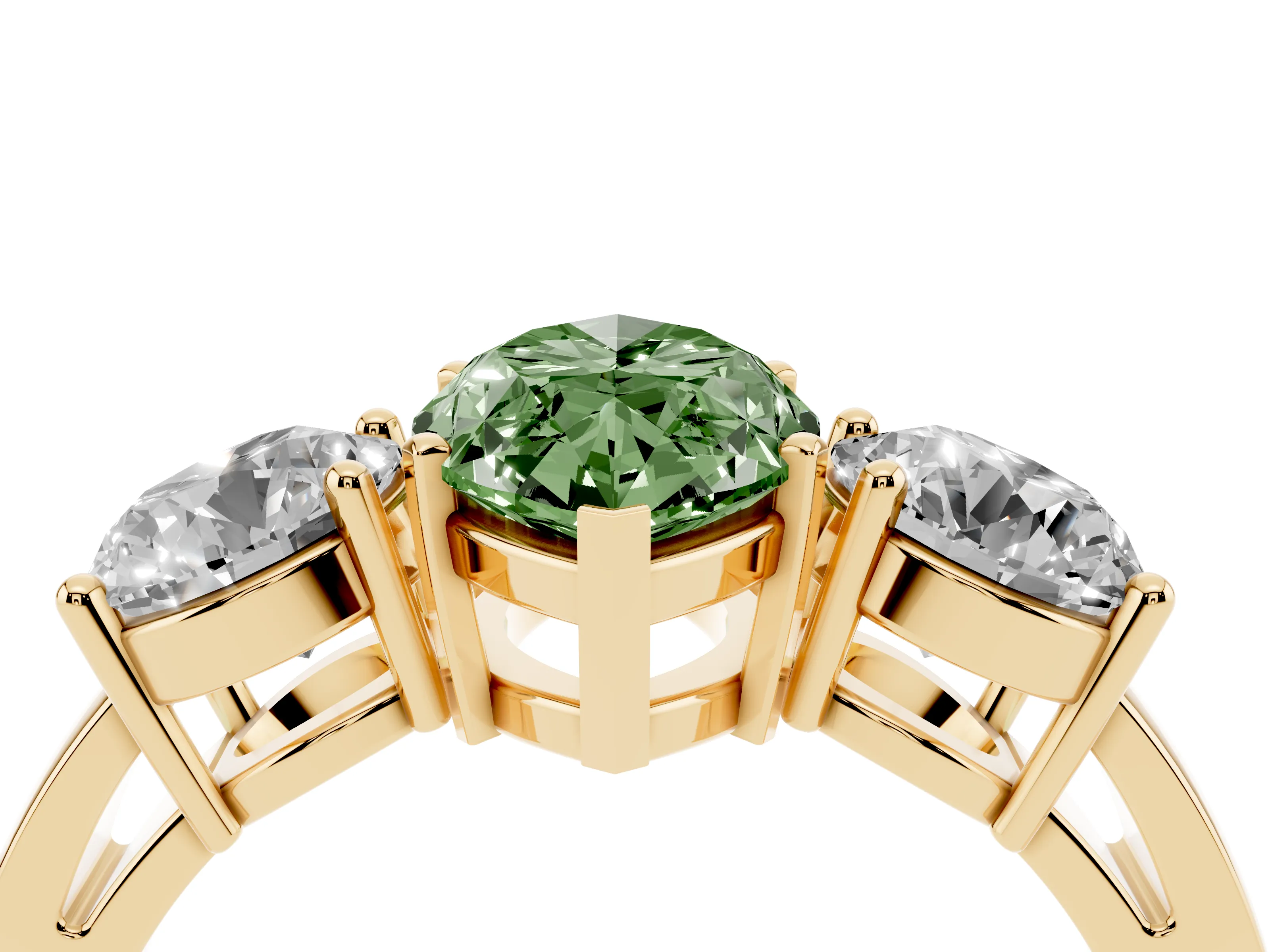 Fancy Green Marquise Cut Diamond Three-Stone Ring Set in Yellow gold with Round Side Stones and Classic Band