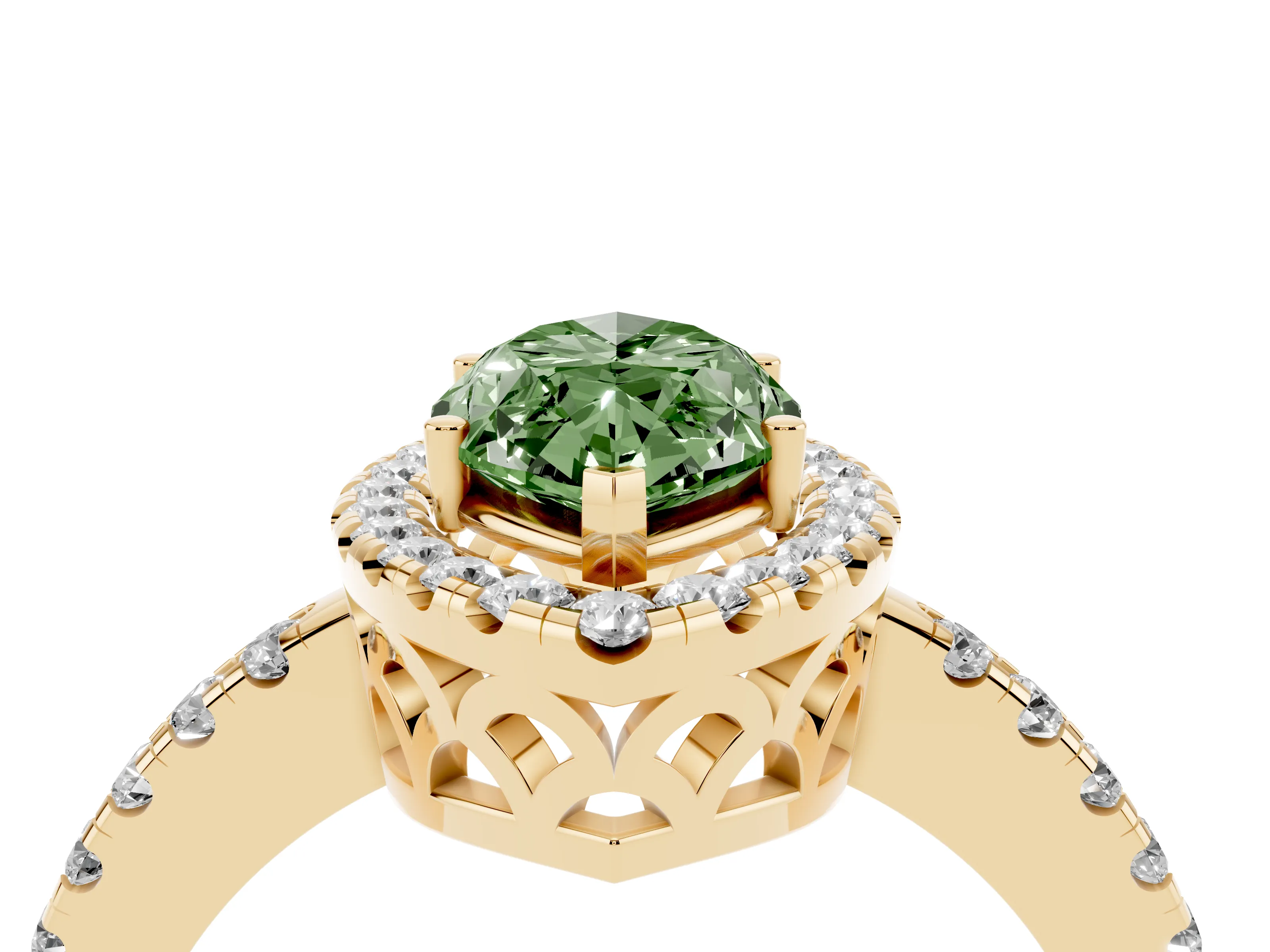 Fancy Green Marquise Cut Diamond Pavé Band Halo Engagement Ring Set in Yellow gold with Prong Setting