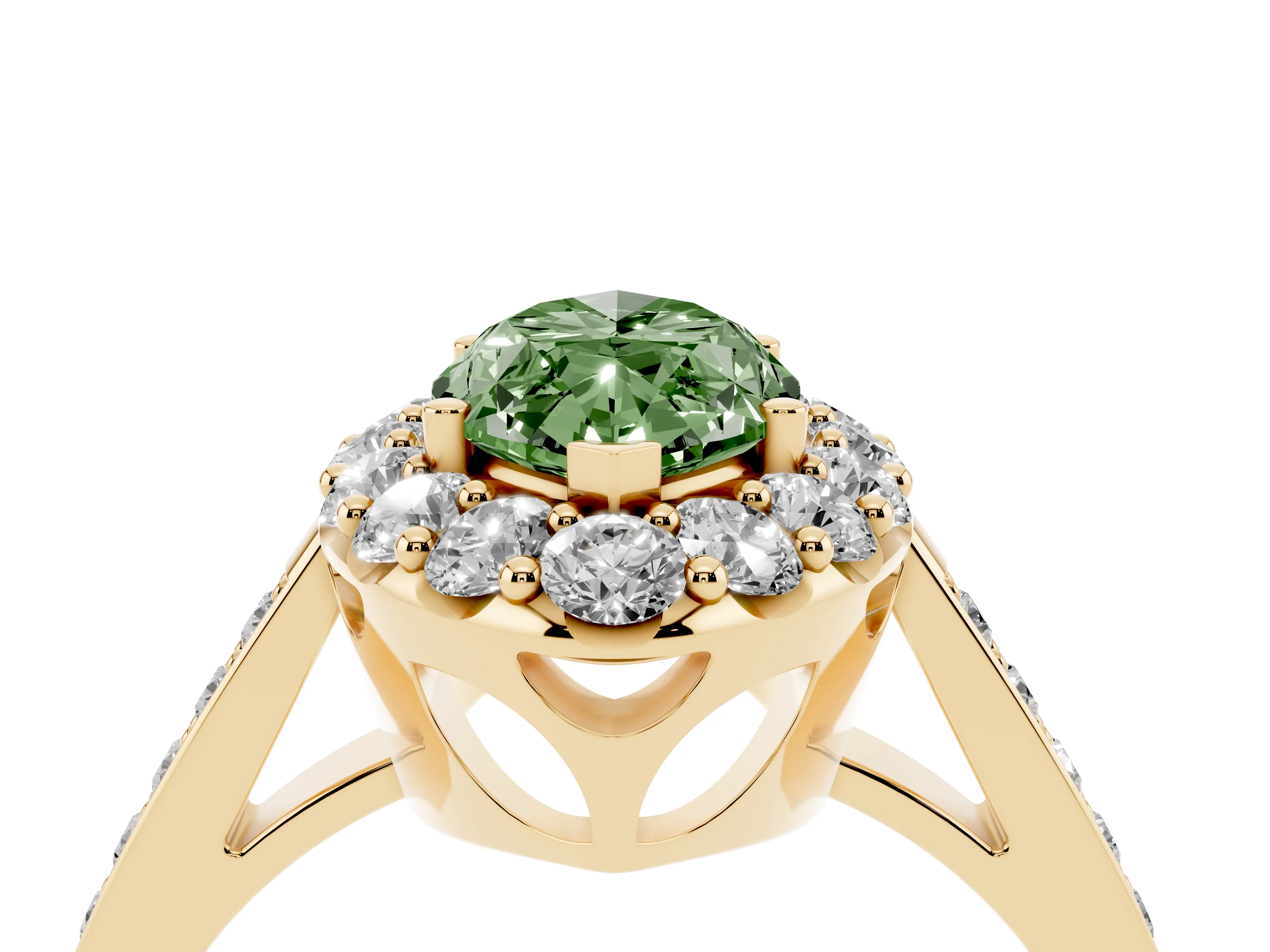 Fancy Green Marquise Cut Diamond Floral Halo Ring Set in Yellow gold with Pavé Band and Prong Setting