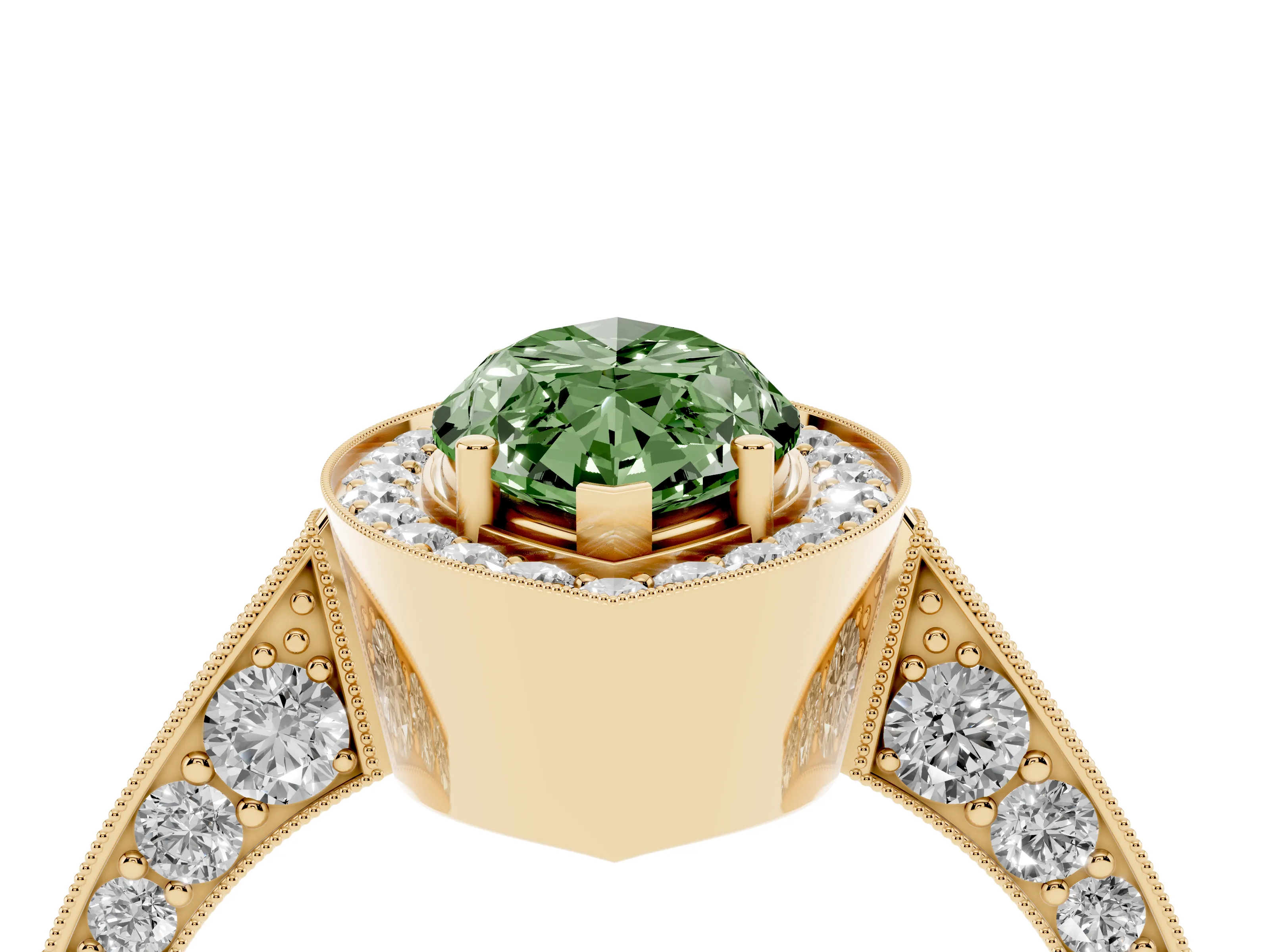 Fancy Green Marquise Cut Diamond Halo Engagement Ring Set in Yellow gold with Accent Split Shank Band