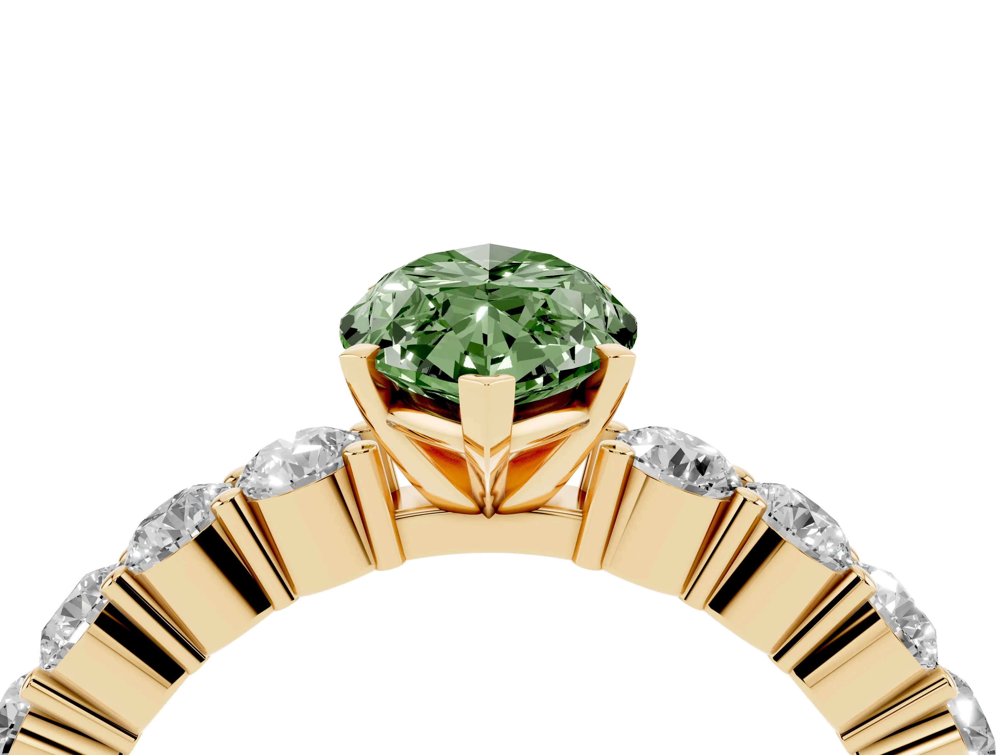 Fancy Green Marquise Cut Diamond Solitaire Ring Set in Yellow gold with Shared Prong Round Side Stones