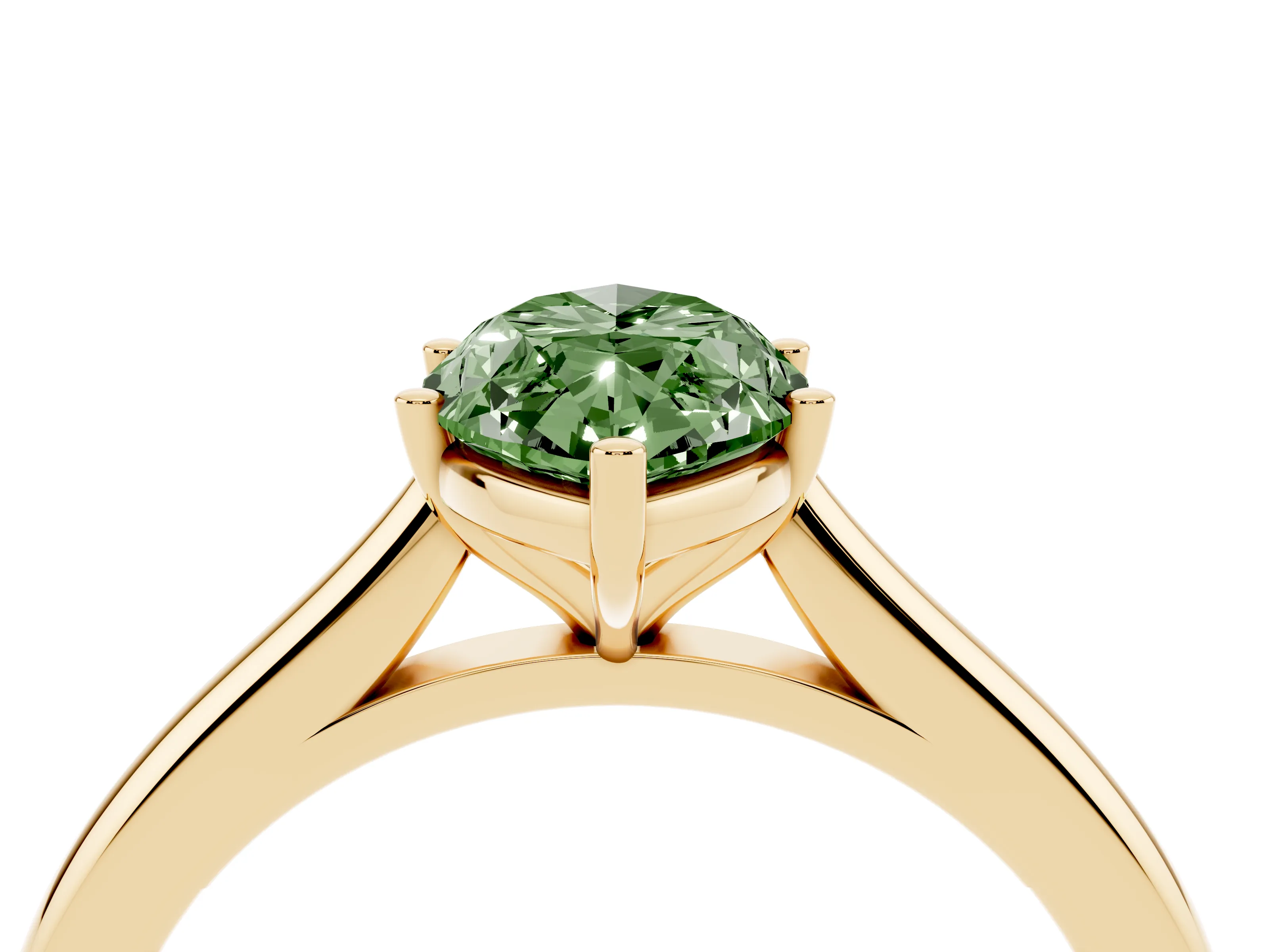 Fancy Green Marquise Cut Diamond Solitaire Ring Set in Yellow gold with Cathedral Band and Prong Setting