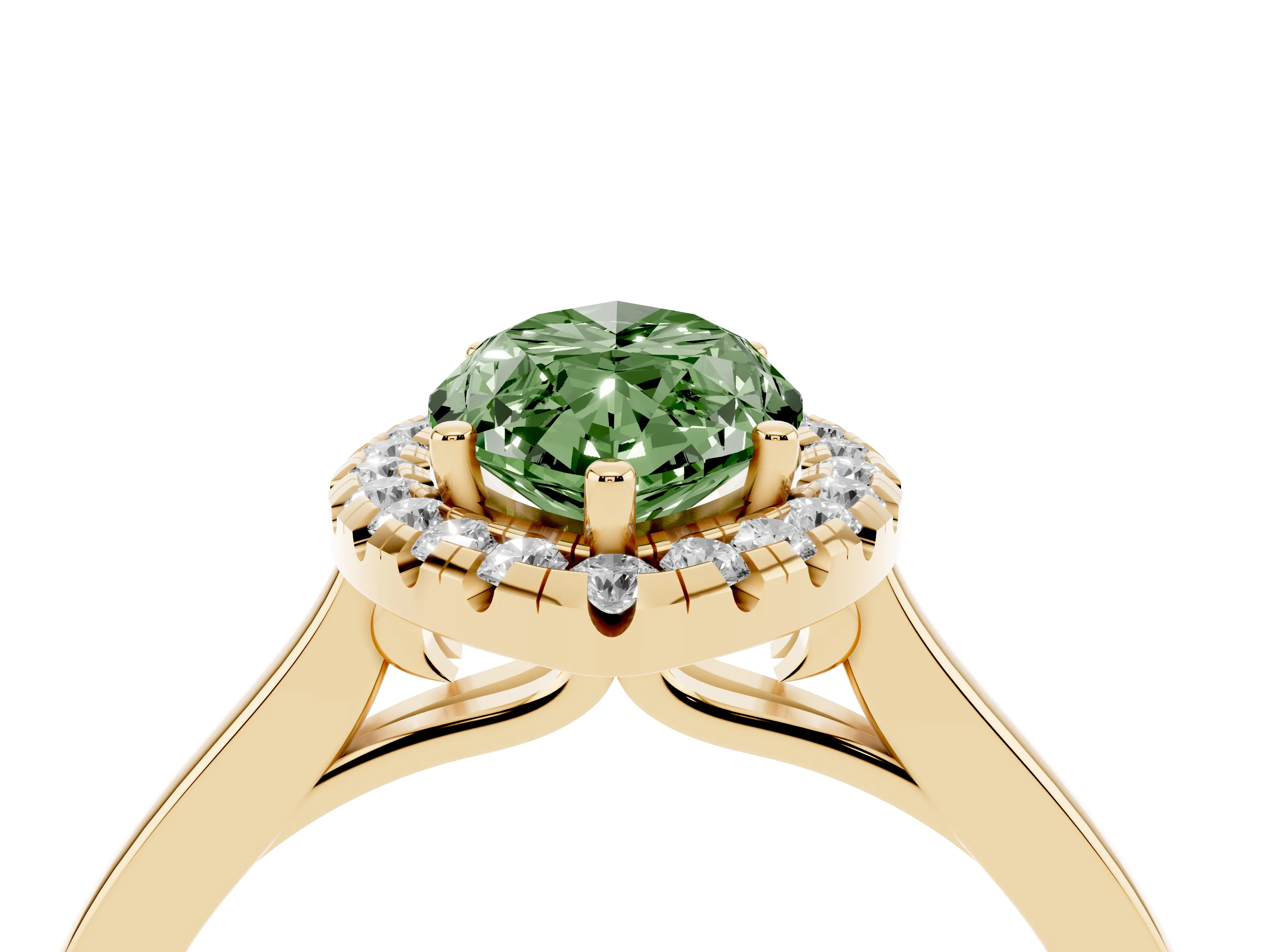 Fancy Green Marquise Cut Halo Round Diamond Solitaire Ring Set in Yellow gold with Pavé Band and Prong Setting