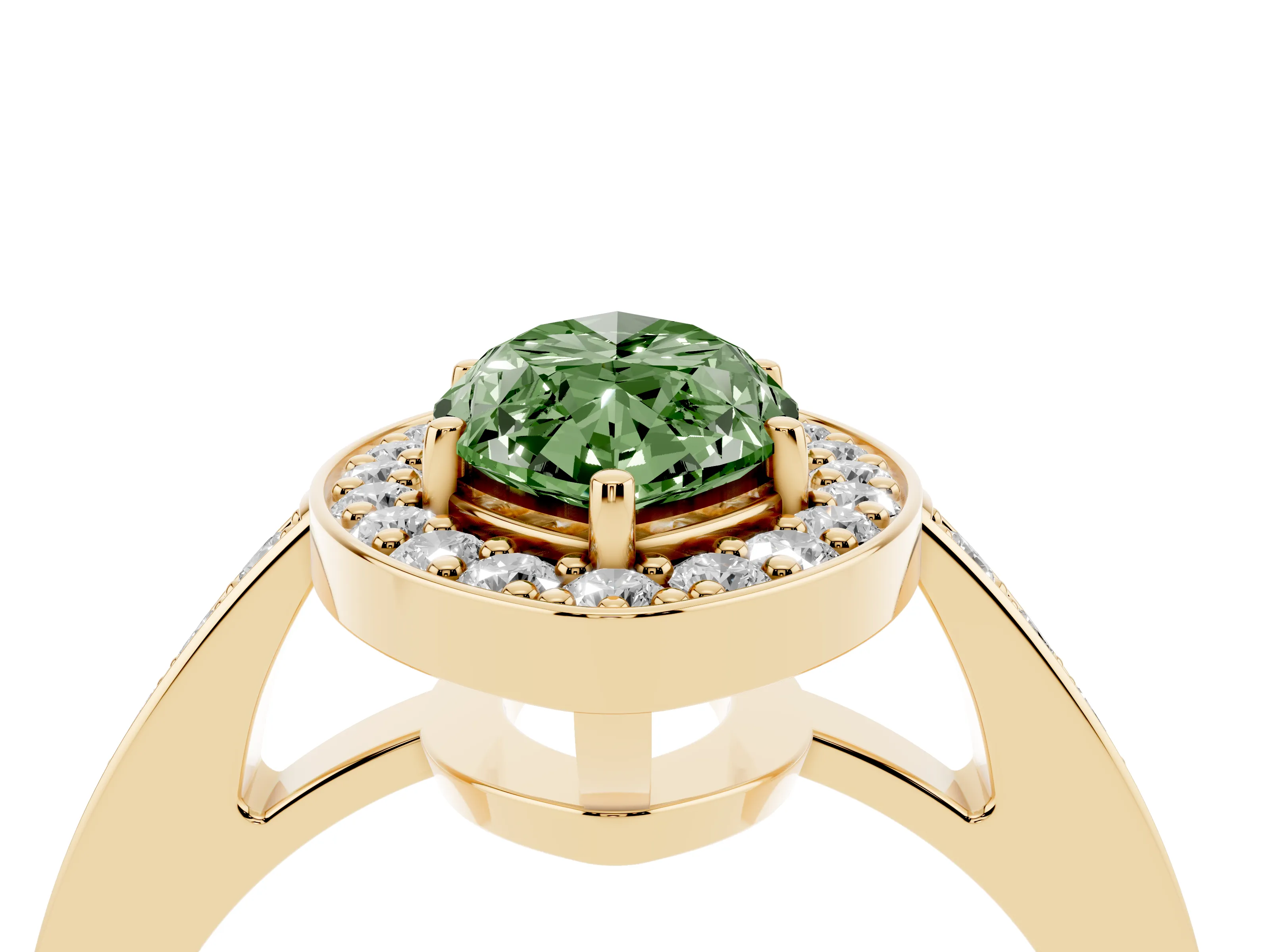 Fancy Green Marquise Cut Diamond Halo Pavé Engagement Ring Set in Yellow gold with Bezel Setting