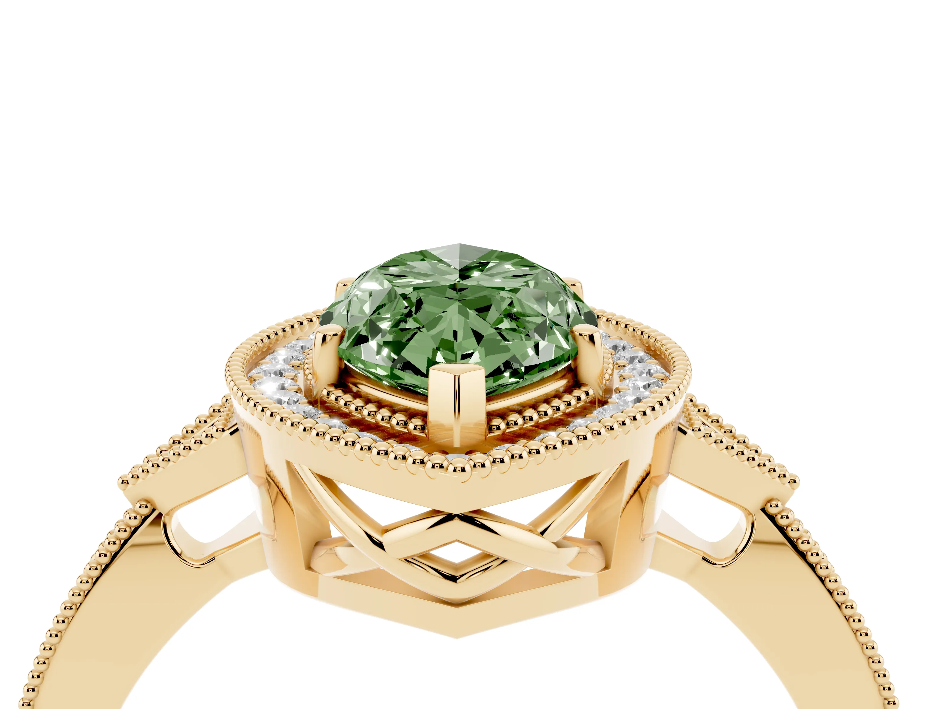 Fancy Green Marquise Cut Diamond Halo Engagement Ring Set in Yellow gold with Milgrain Pavé Band