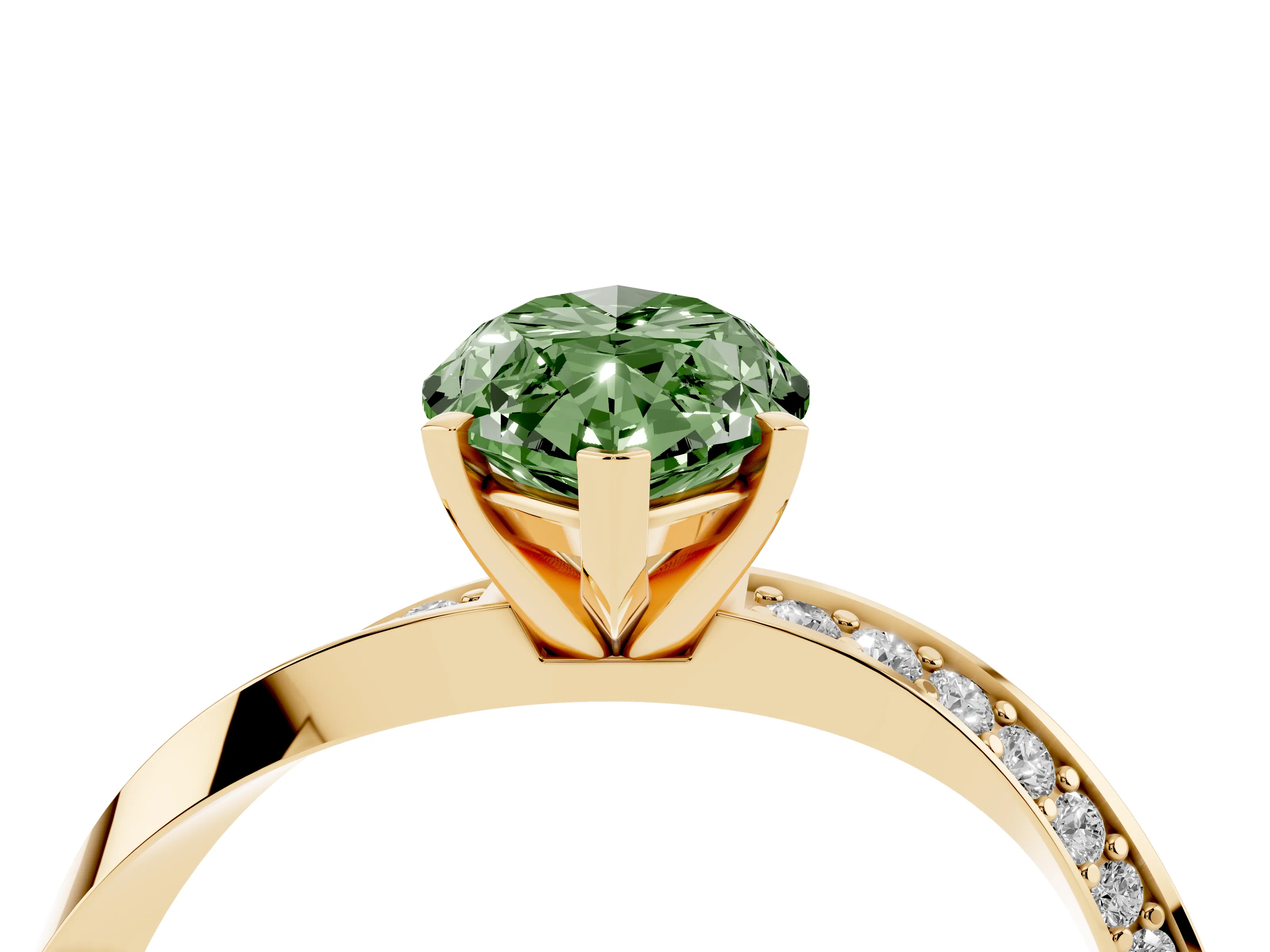 Fancy Green Marquise Cut Diamond Engagement Ring Set in Yellow gold with Side Stone Accents and Prong Setting