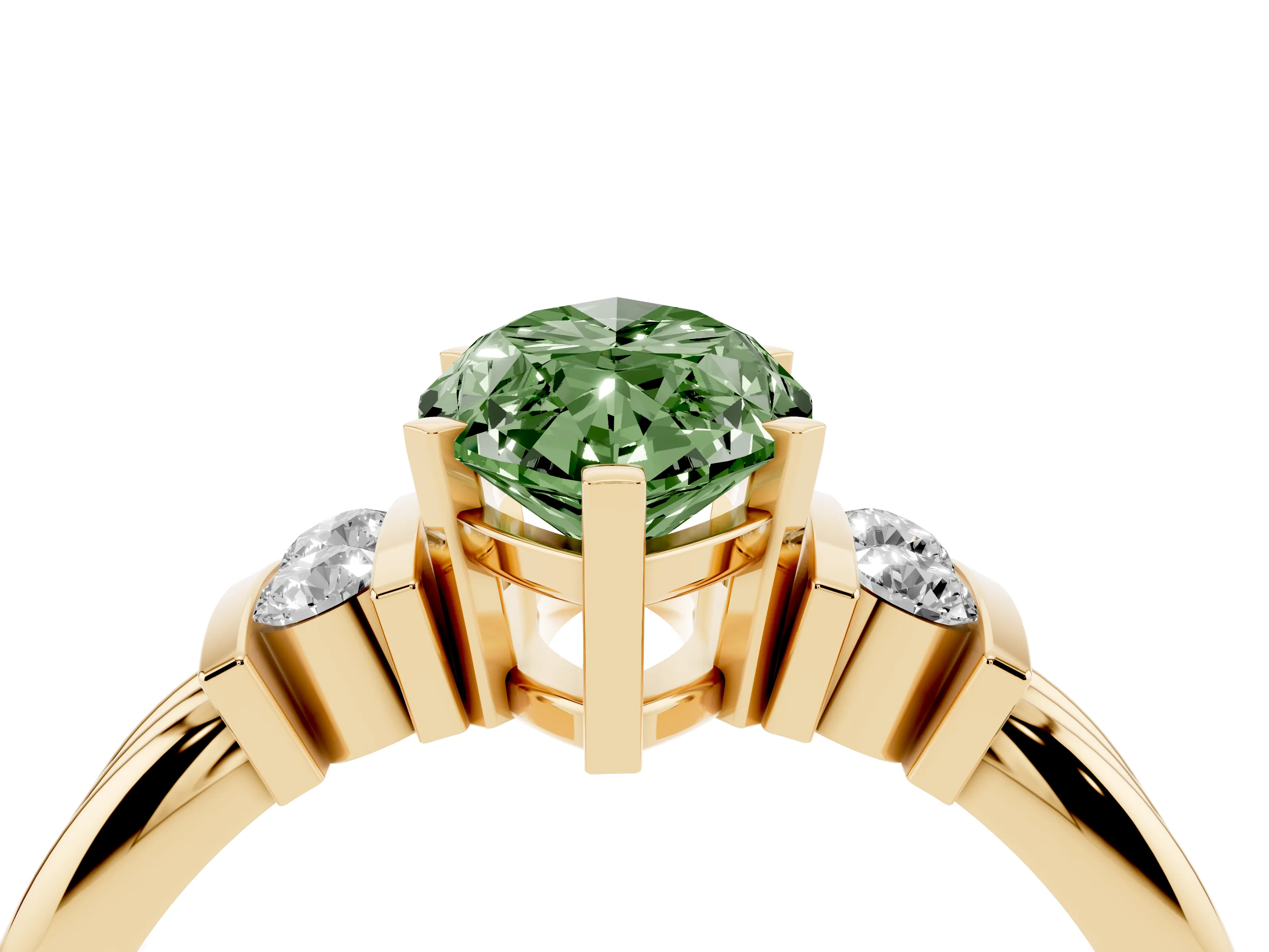 Fancy Green Three-Stone Marquise Cut Diamond Channel Set Ring Set in Yellow gold with Bar Prongs
