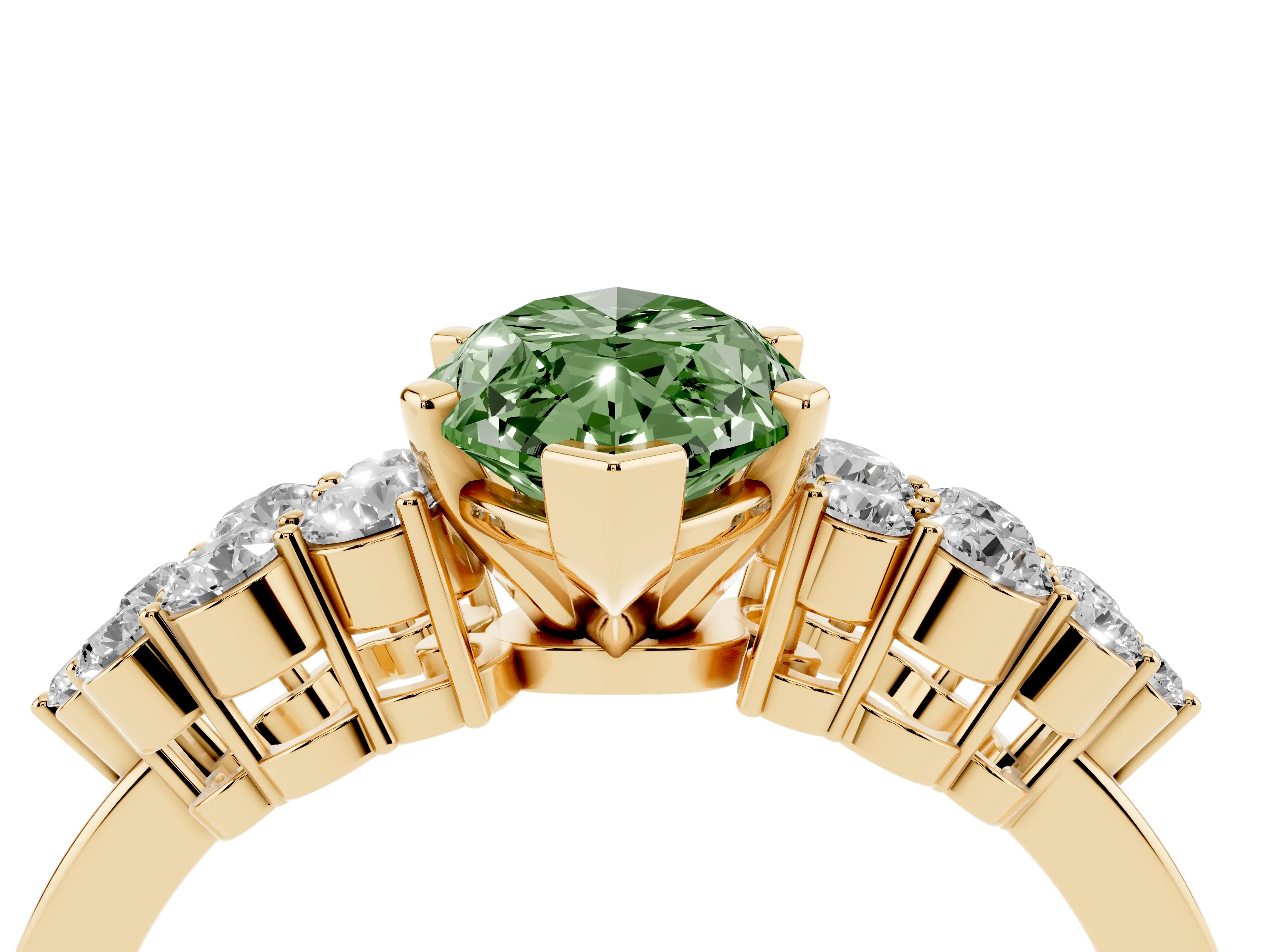 Fancy Green Marquise Cut Diamond Cluster Engagement Ring Set in Yellow gold with Pavé Band and Prong Setting