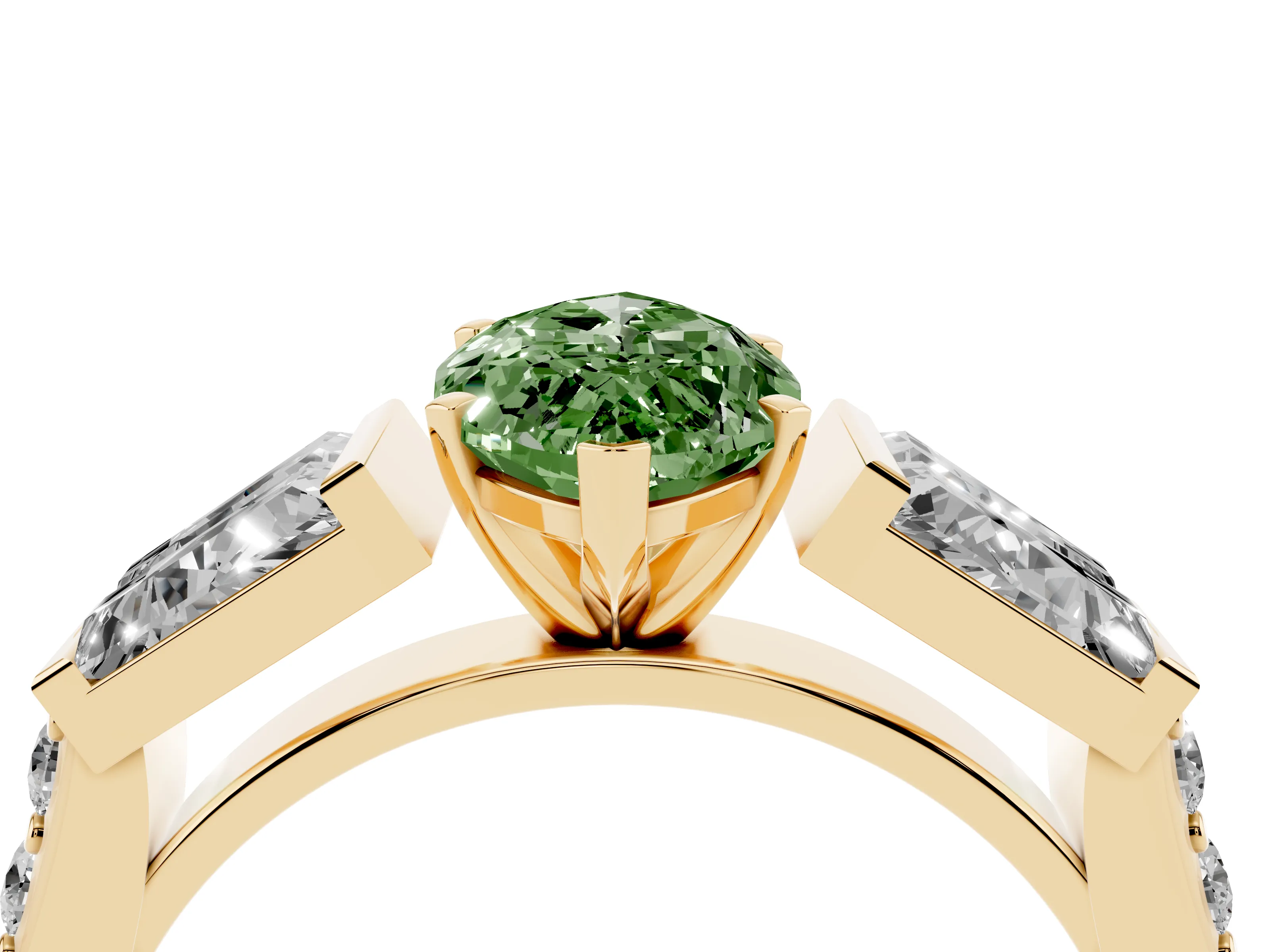 Fancy Green Marquise Cut Diamond Engagement Ring Set in Yellow gold with Baguette Side Stones and Channel Set Band