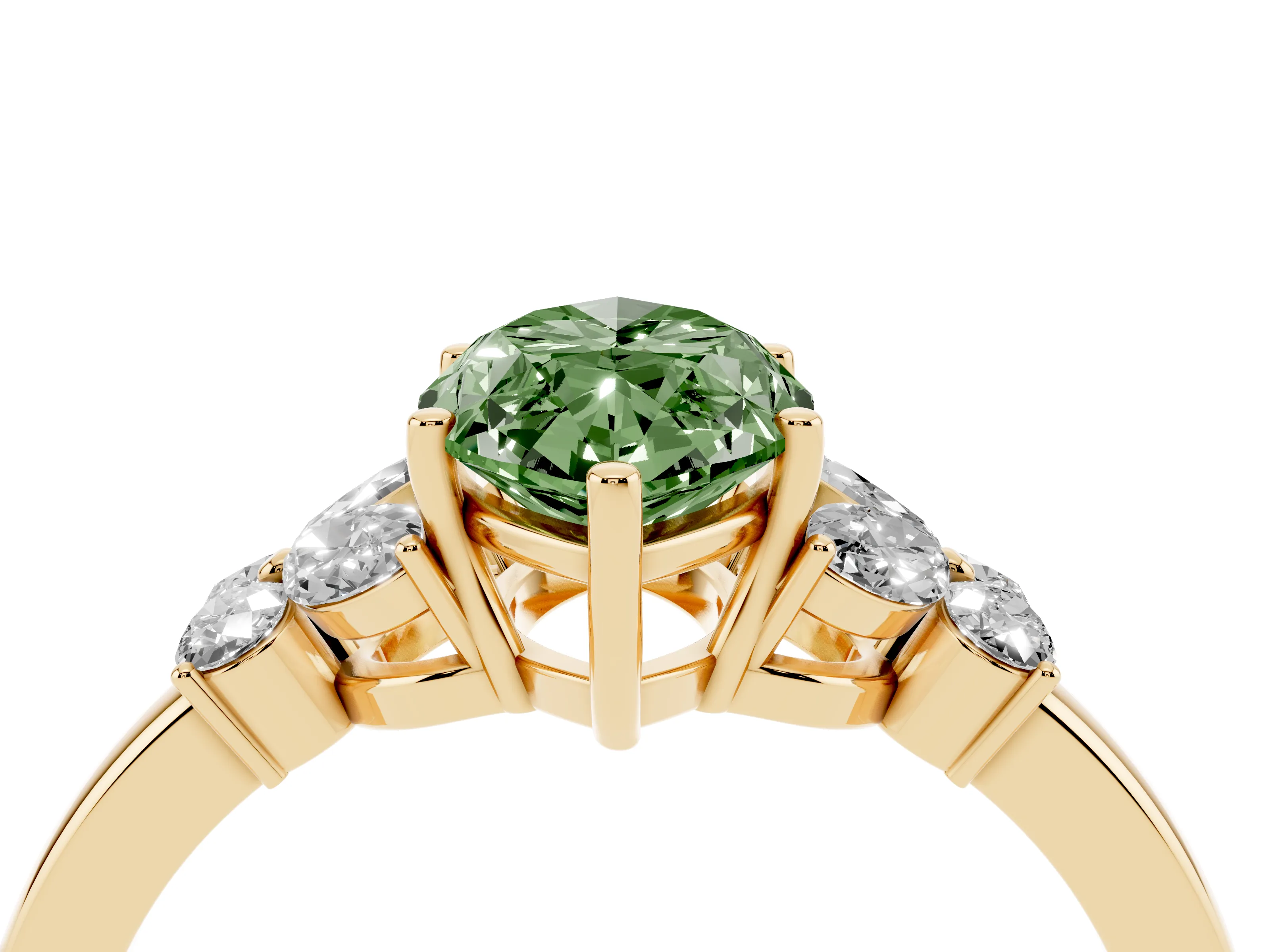 Fancy Green Marquise Cut Diamond Solitaire Floral Ring Set in Yellow gold with Marquise Petals and Prong Setting