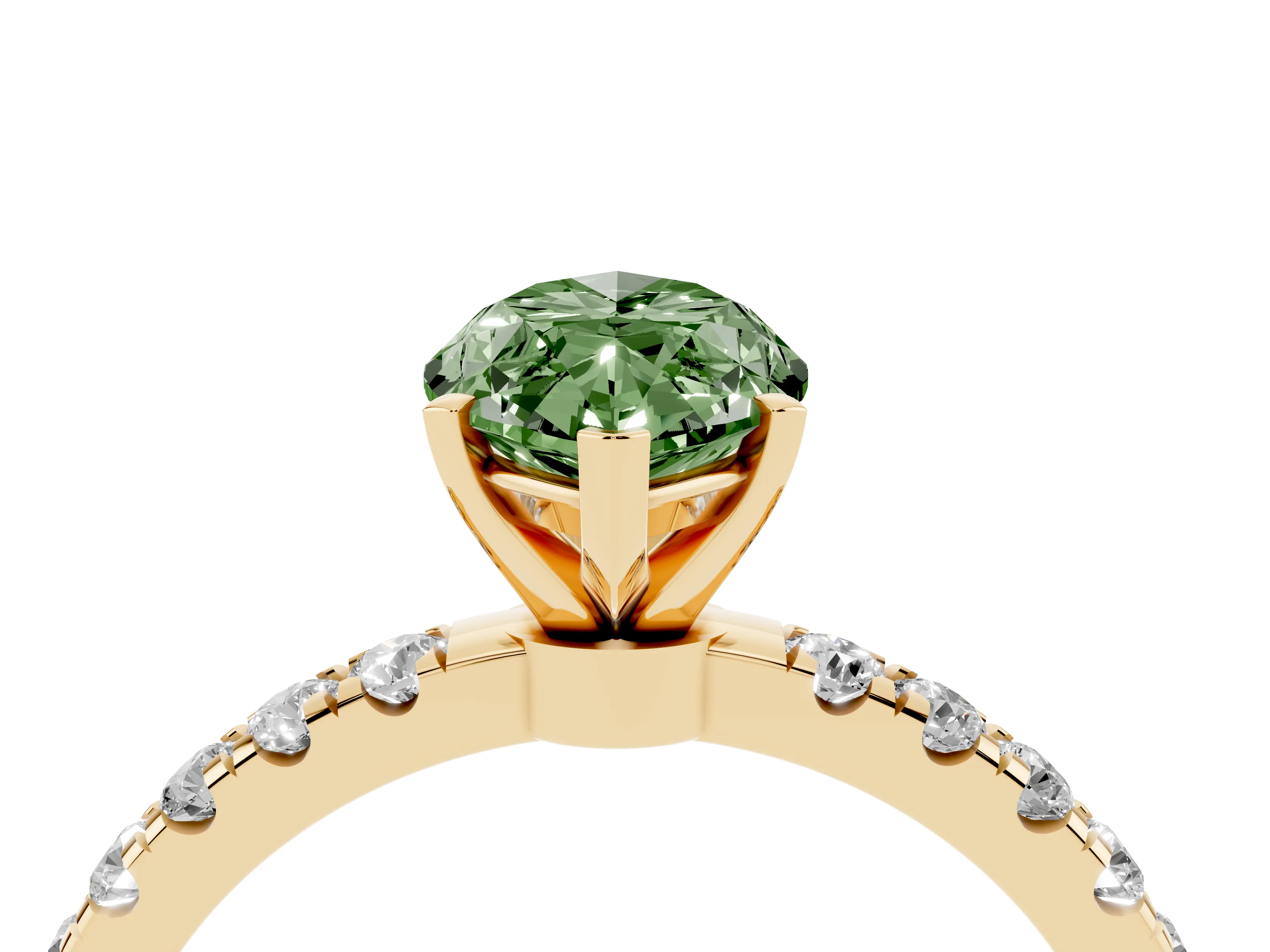 Fancy Green Marquise Cut Diamond Solitaire Ring Set in Yellow gold with Pavé Accents and Prong Setting