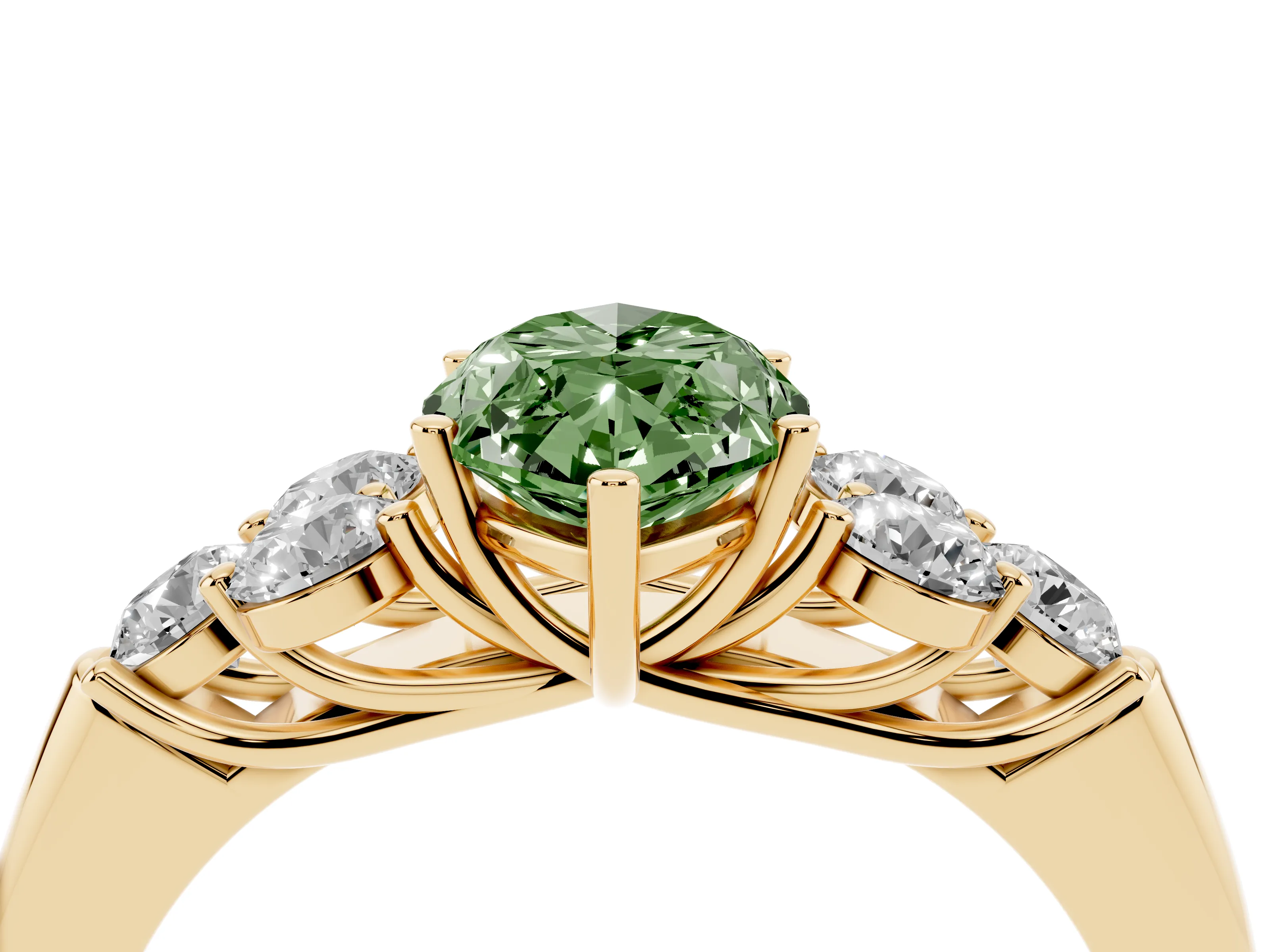 Fancy Green Marquise Cut Diamond Cluster Ring Set in Yellow gold with Round Accent Stones and Prong Setting on a Plain Band
