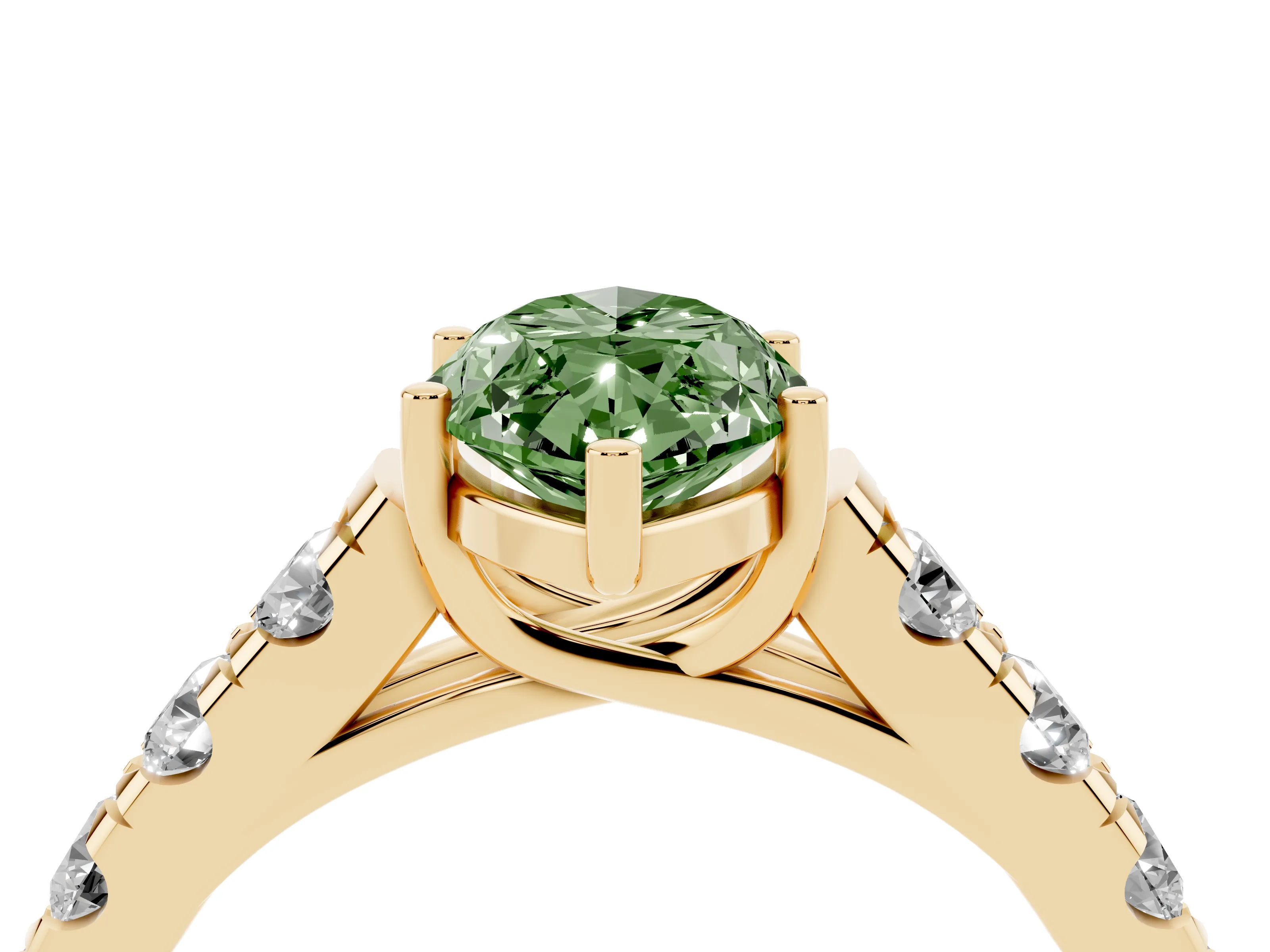 Fancy Green Marquise Cut Diamond Solitaire Ring Set in Yellow gold with Cut-Down Micro Pavé Band and Prong Setting