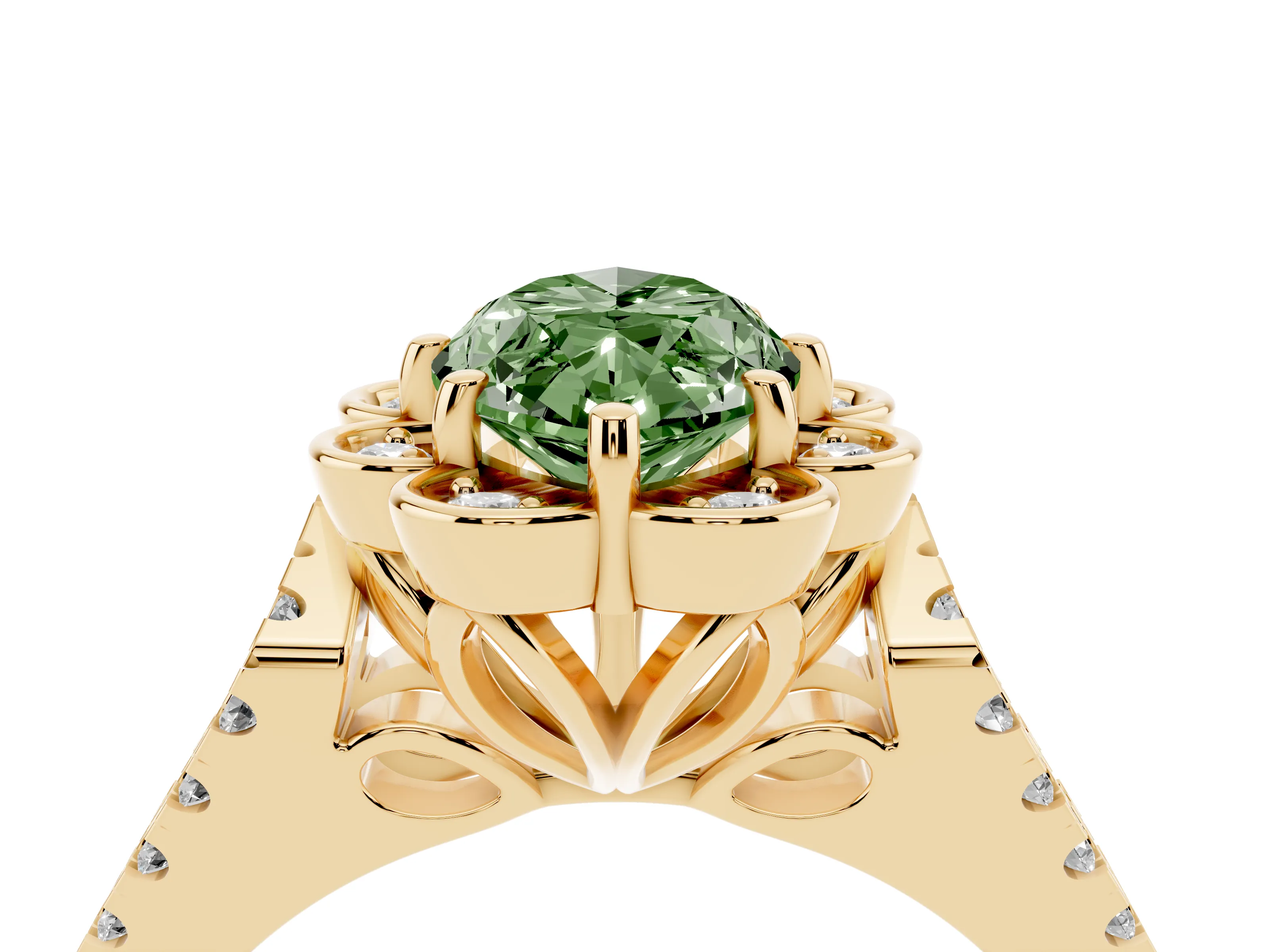 Fancy Green Marquise Cut Diamond Floral Halo Split Shank Engagement Ring Set in Yellow gold with Pavé Shank